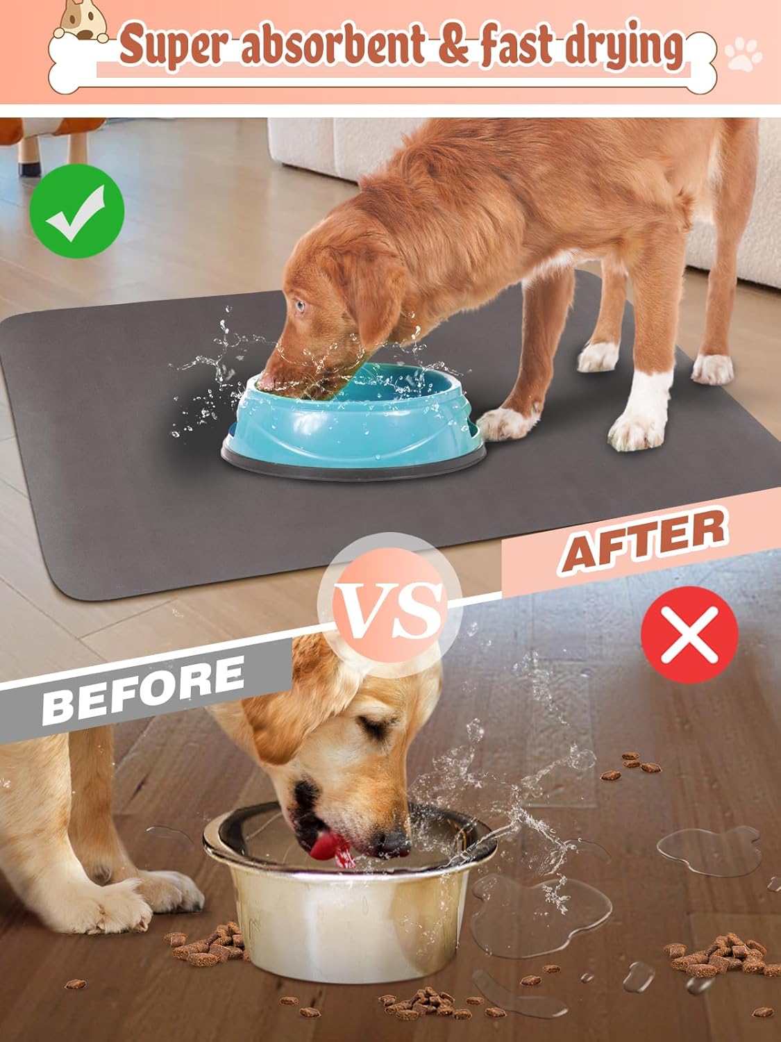 Quick Dry Absorbent Dog Food Mat, 36 x 23 in Diatom Anti-Slip Mud Dog Water Bowl Mat, No Messy Pet Feeding Mat Dogs Supplies for Large and Multiple Dogs