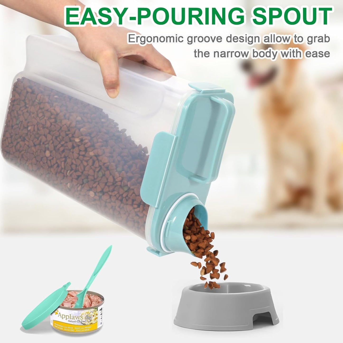 TBMax Pet Dog Cat Food Storage Container 5 to 7 lbs with Can Cover and Mixing Spoon, Airtight Bird Seed Container, Cat Food Storage Dispenser, Kibble Storage Dog Treat Bin -Light Blue