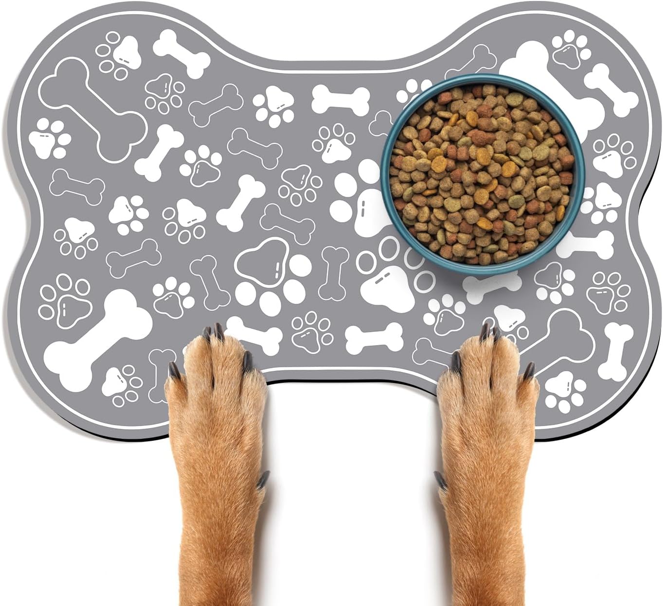 Dog & Cat Food Mat Bone Shaped Pet Feeding Mat Quick Absorb Water Bowl Placemat with Rubber Backing Indoor Floor Stain Resistant Pet Accessory Supplies (Grey Small, 12x18 Inches)