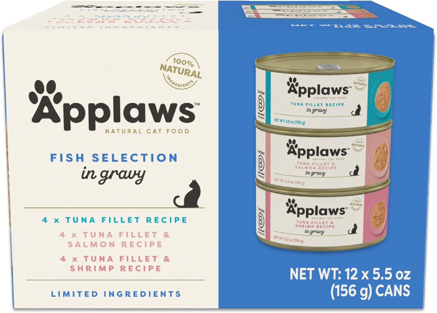 Applaws Natural Wet Cat Food in Gravy, Limited Ingredient Canned Wet Cat Food, No Additives, Made with Natural Ingredients, Fish Selection in Gravy Cans (12 x 5.5oz Cans)