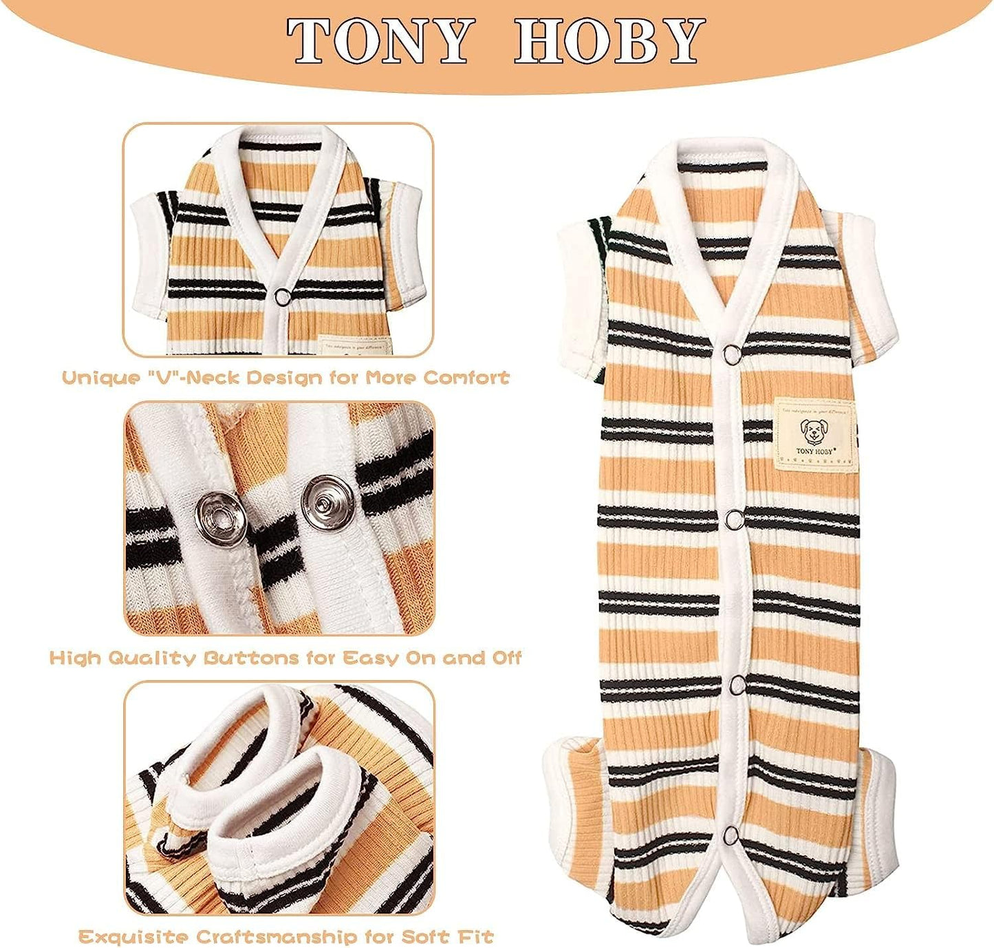 TONY HOBY Male Dog Pajamas, 4 Legged Dog Jumpsuit with Brown Stripe, Dogs Shirt for Small Medium Dogs (Brown, Boy, XS)