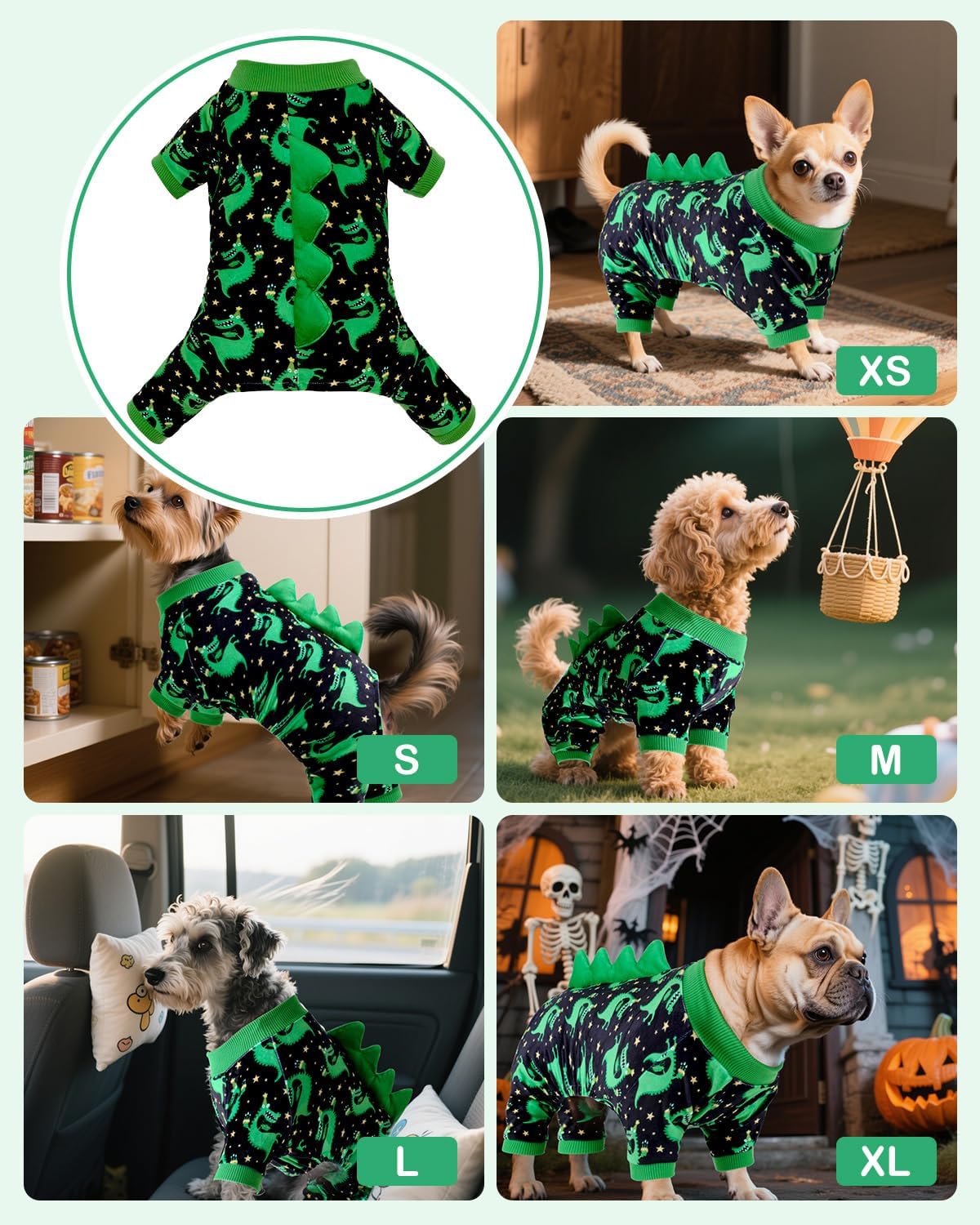 CuteBone Dinosaur Costume Dog Pajamas, Stretchy Spandex Crystal Velvet Sleepwear Coat for Small Dogs, Soft & Warm Pet Outfit Clothes for Cold Weather, Cozy Pullover Design COSP14XL