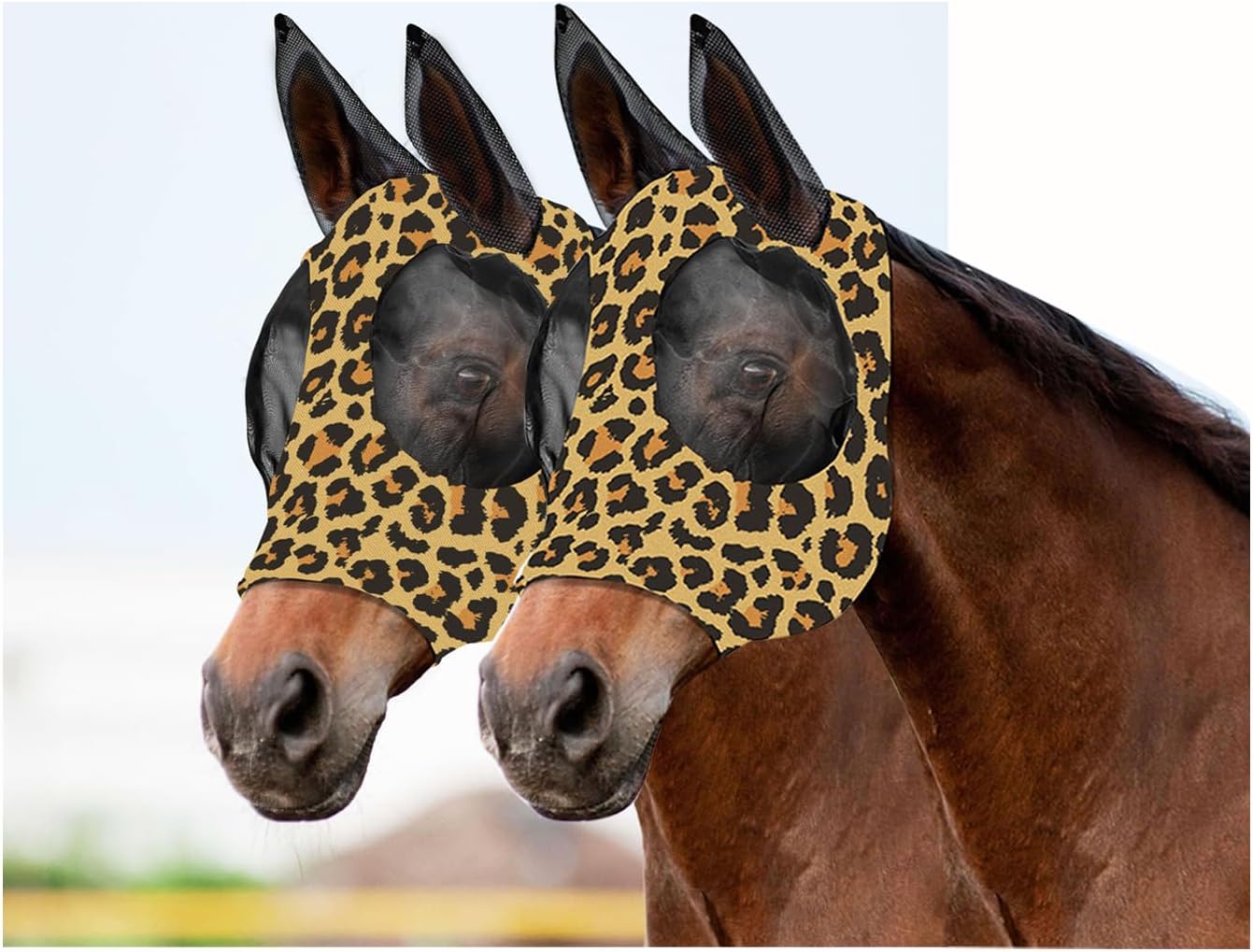 Horse Fly Mask with Ears - Comfort Fit, Durable & Breathable, Easy to on/Off | UV Protection, Large Eye Space, Stretchy Leopard Print (2pcs Large, Tangle-Free)