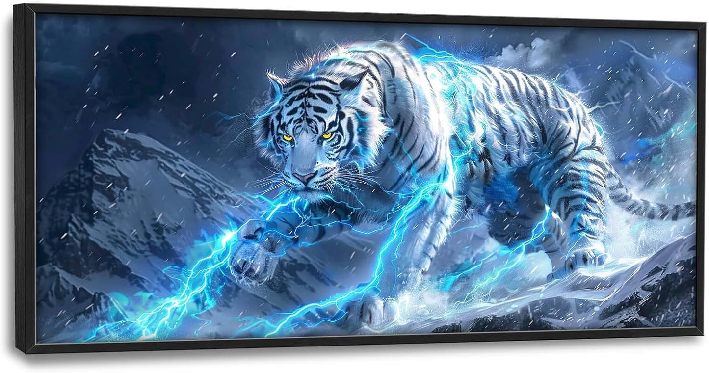 Quorin White Tiger Large Wall Art Wild Animal Pictures Lightning Tiger Wall Decor Snowy Mountain Canvas Print Painting Artwork for Bathroom Living Room Bedroom 60L x 30W