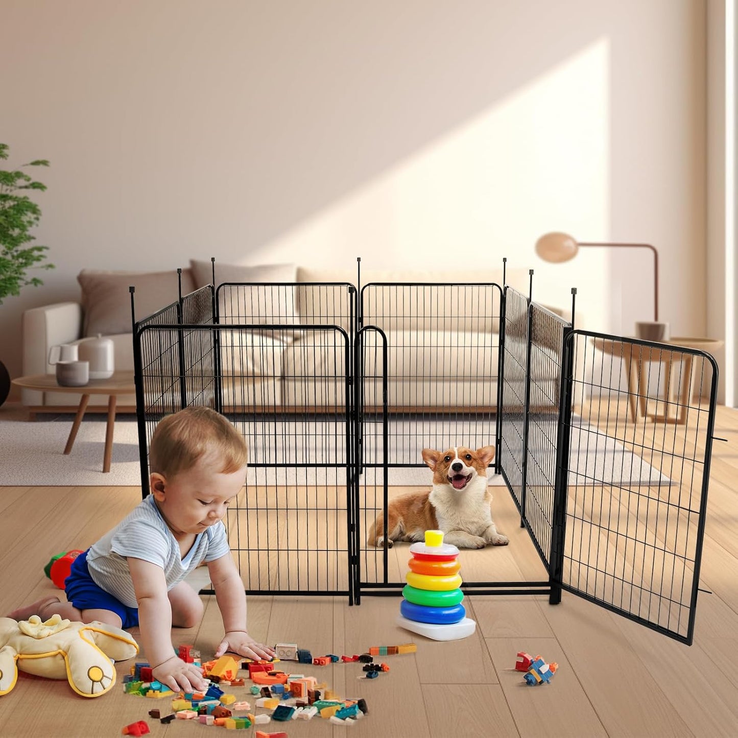 Tall Garden Fences and Borders for Dogs, 4.6ft High Dog Fence, 6 Panels Total 13.3 Ft Long, Gate 21 inches Wide with Low Sills. Modular Fencing, Dog Fence Outdoor for Yard