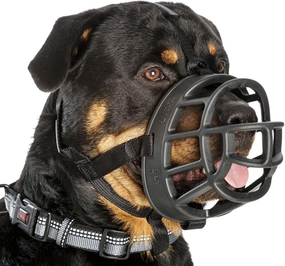 BASKERVILLE ULTRA MUZZLE - Patented Humane Design, Breathable, Dog can Pant and Drink, Adjustable, Padded, Dog Training Muzzle for Large Dogs, Prevents Biting, Wildlife Scavenging (Size 5, Black)