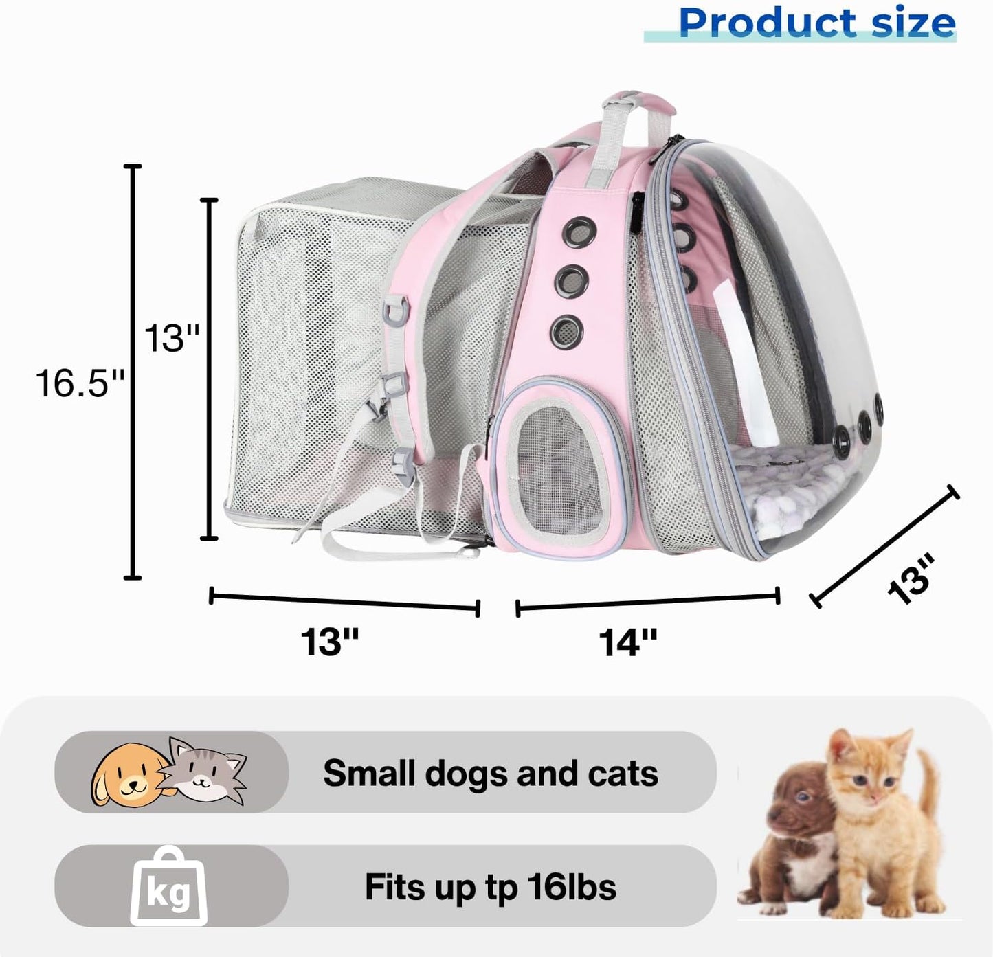 Lollimeow Cat Carrier Backpack, Bubble Dual Expandable Backpack Carrier, Pets and Small Dogs,Airline-Approved, Designed for Travel, Hiking, Walking & Outdoor Use (Dual Expandable-Pink)
