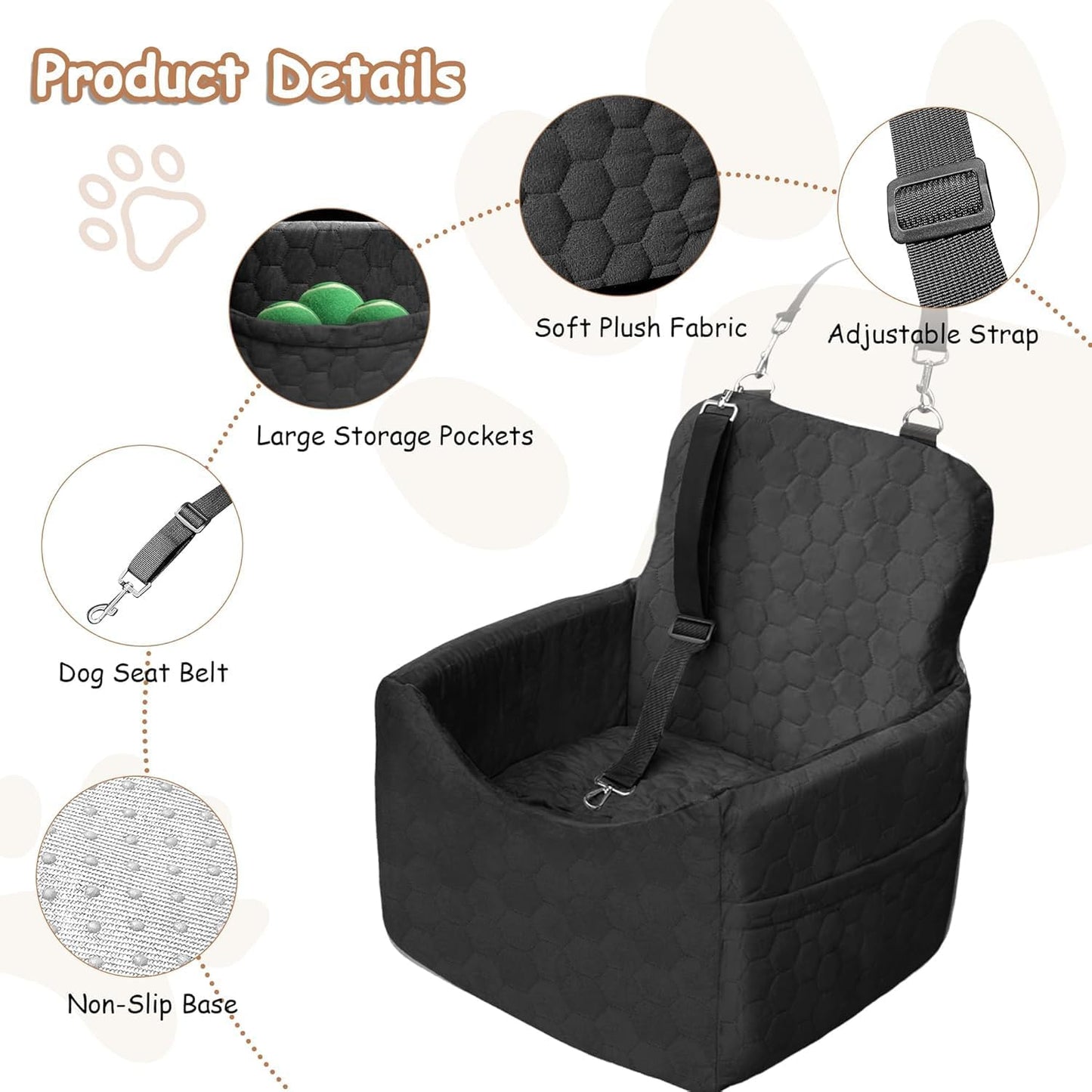 Dog Car Seat for Small/Medium Dogs - Dog Booster Seat with Safety Straps & Non-Slip Base, Travel Pet Car Seat with Storage Pockets, Washable & Removable, Suitable for Dogs Under 35 lbs (Black)