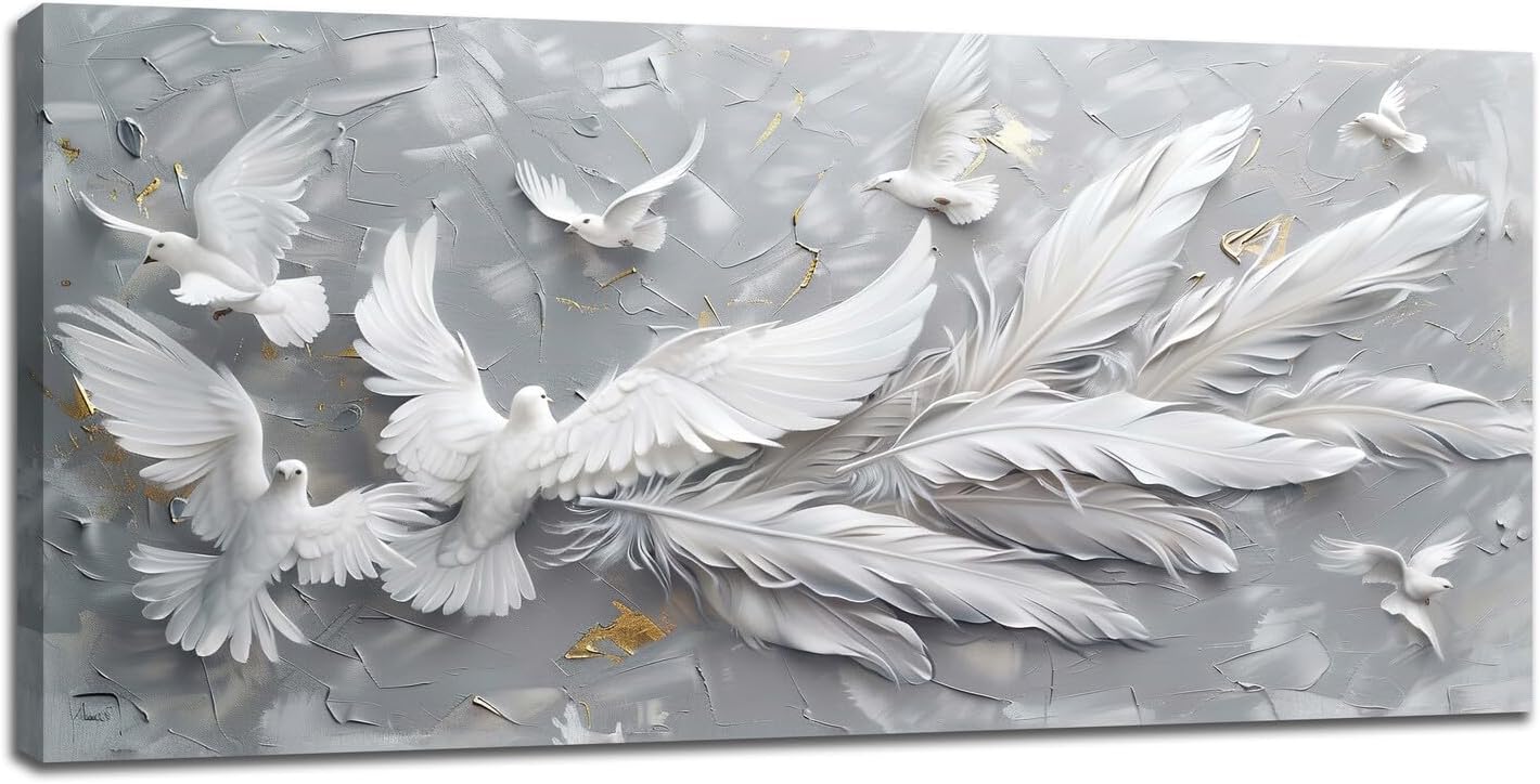 Quorin Feather Dove Bird Large Wall Art White and Gray Peaceful Birds Flying Pictures Holy Wings Wall Decor Canvas Print Painting Artwork for Bathroom Living Room Bedroom 30"x60"