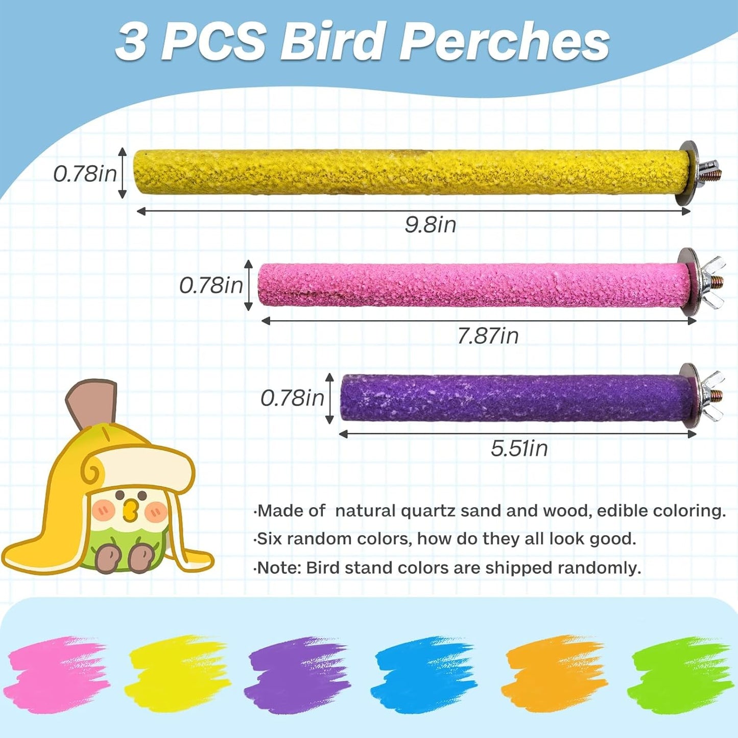 PIVBY Wood Bird Cage Perch Colorful Parrot Stand Toy Platform Paw Grinding Stick for Small Medium-Sized Bird Parakeet Cockatiel Conure Budgies Lovebird inches and Canary Colors Vary Pack of 3