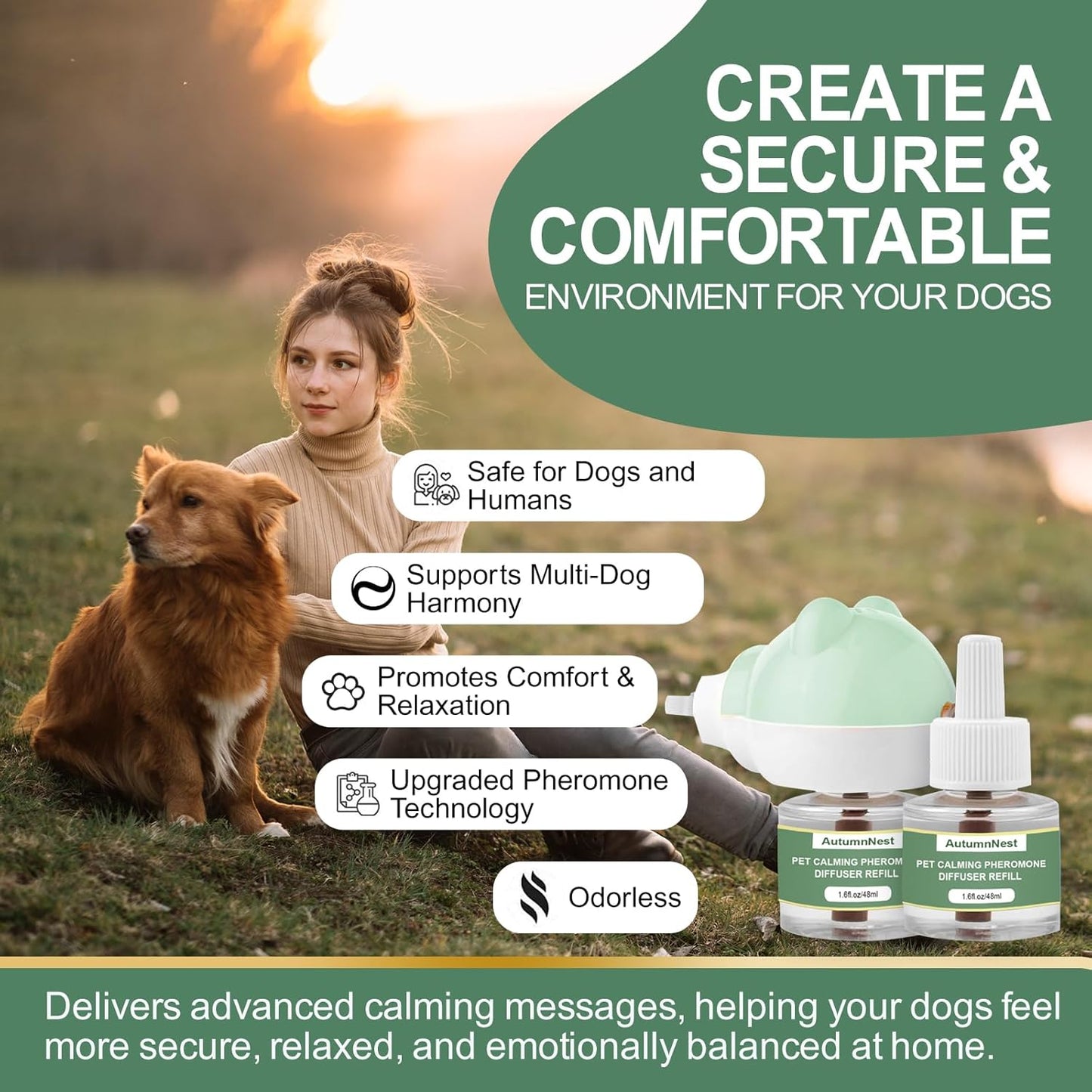 Dog Calming Diffuser Plug-in with Gentle Night Glow, 3 Refills Kit for Behavioral Support, Stress Soothing Aid for Pets During Travel, Thunder, Vet Visits, Fireworks, Safe Formula, 90 Days Supply
