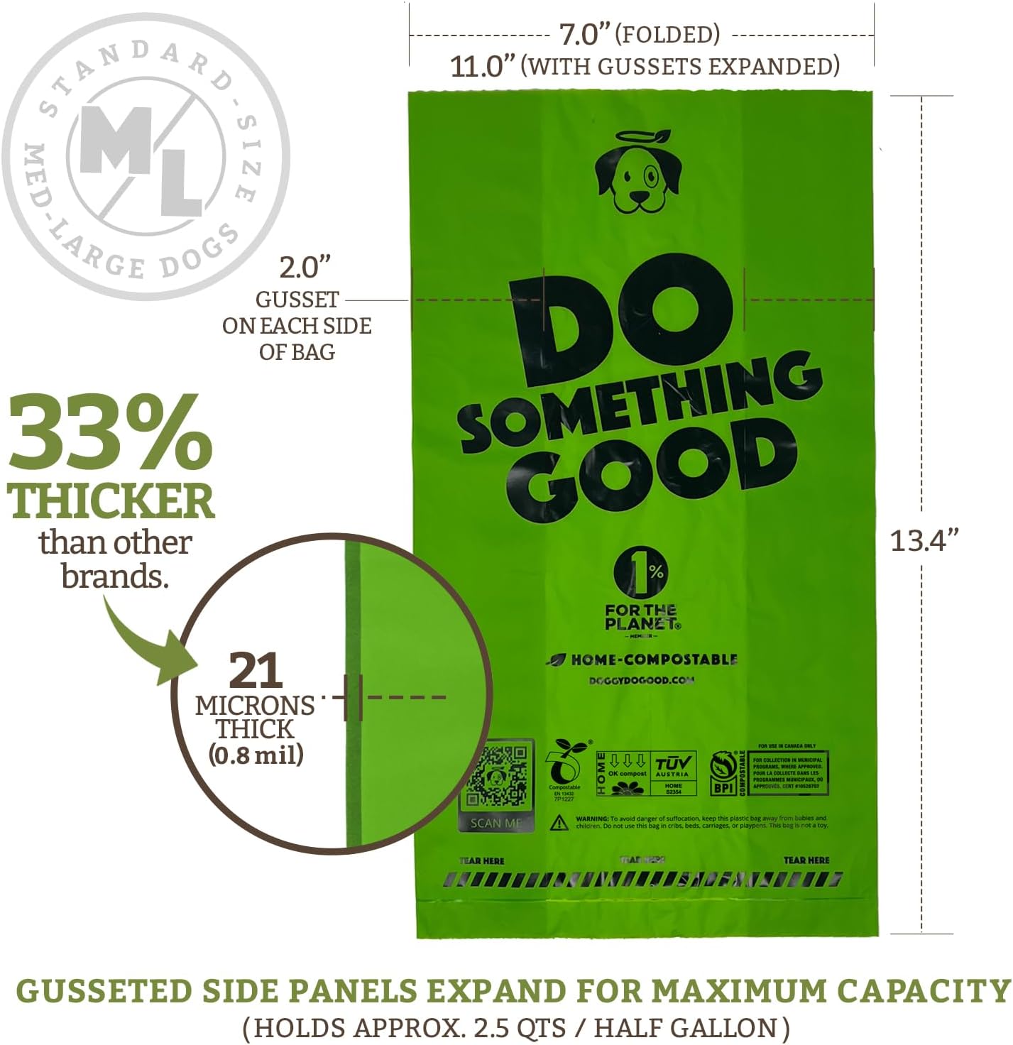 Doggy Do Good Poop Bags | Dog Waste Bags | Unscented, USDA Certified Biobased, Thick & Leak Proof, Easy Open | Standard Size | 100 Count on a Single Roll