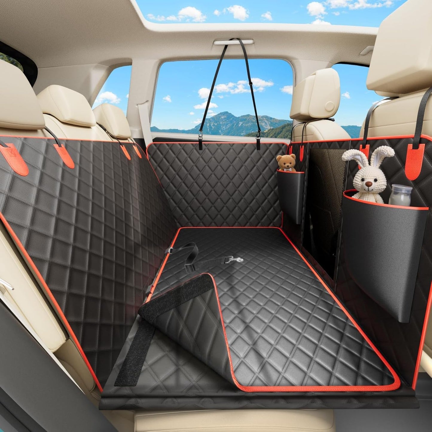 Waterproof Dog Car Seat Cover for Back Seat – Heavy Duty Back Seat Extender for Dogs with Hard Bottom, 7-Layer Protection, Non-Slip & Scratchproof, Easy to Install (Red)