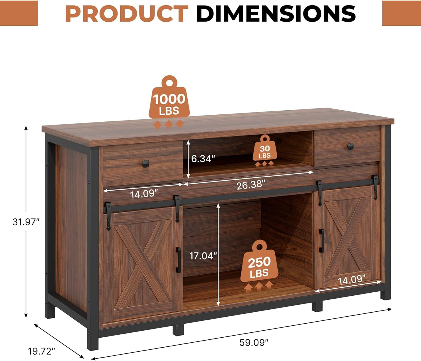 Miereirl 75-120 Gallon Fish Tank Stand with Power Outlet – Heavy Duty Aquarium Stand, Rustic Farmhouse Style, 1000 lb Capacity, Adjustable Storage & Sliding Barn Doors, Light Brown