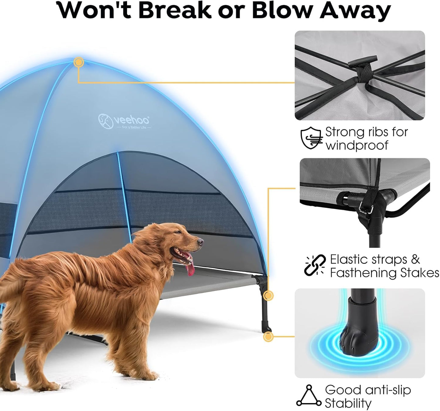 Veehoo Outdoor Dog Bed with Canopy, Cooling Elevated Pet Cot with Removable Shade, Non-Slip Feet, Raised Dog Cot for Large Dogs, Pet Tent Bed for Camping, Beach, Large, Grey, CWC2411