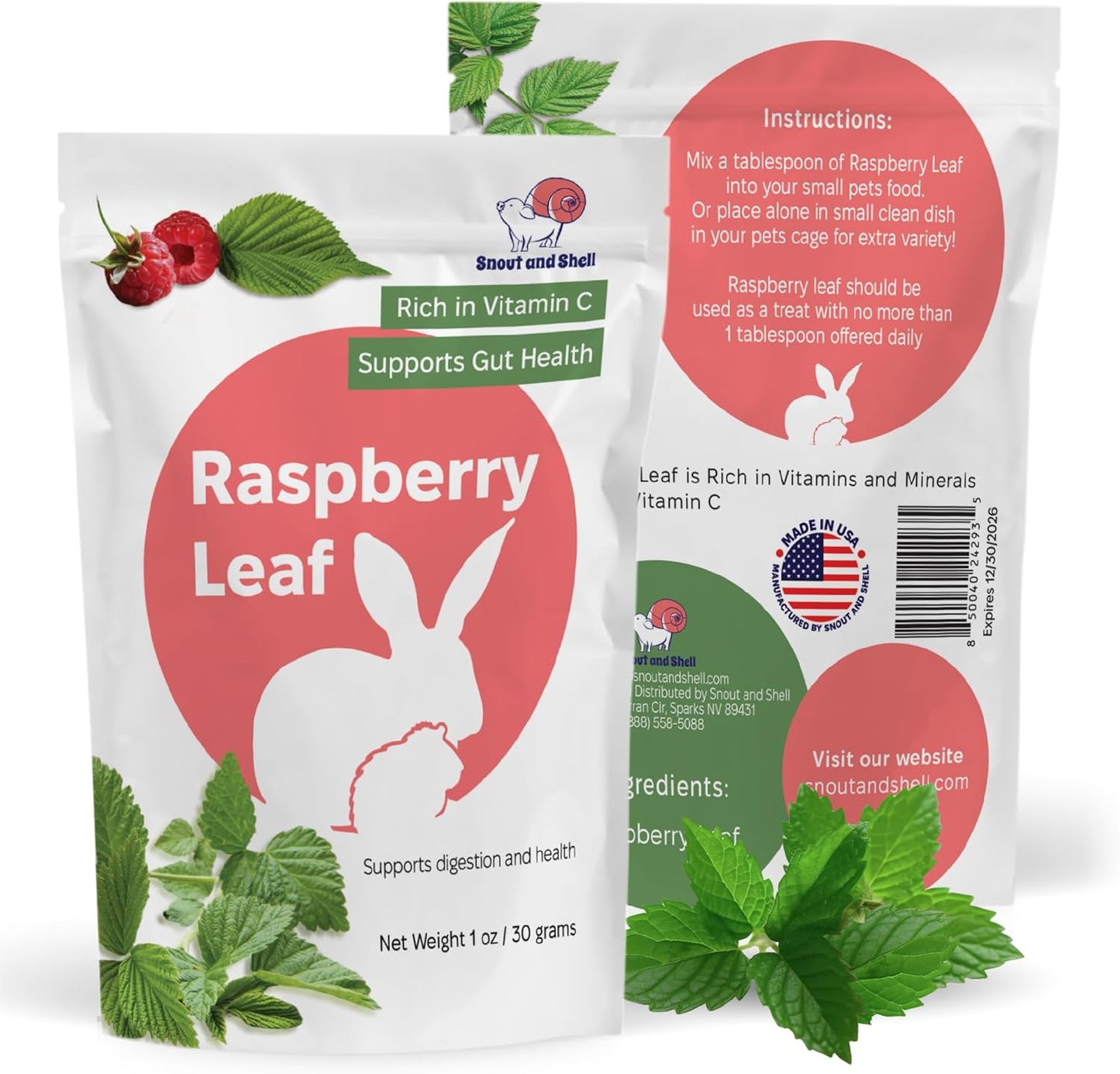 Snout and Shell Raspberry Leaf for Small Pets – 100% Natural Treat for Rabbits, Guinea Pigs, Hamsters & More – Rich in Vitamin C & Supports Gut Health – 1 oz (30g)