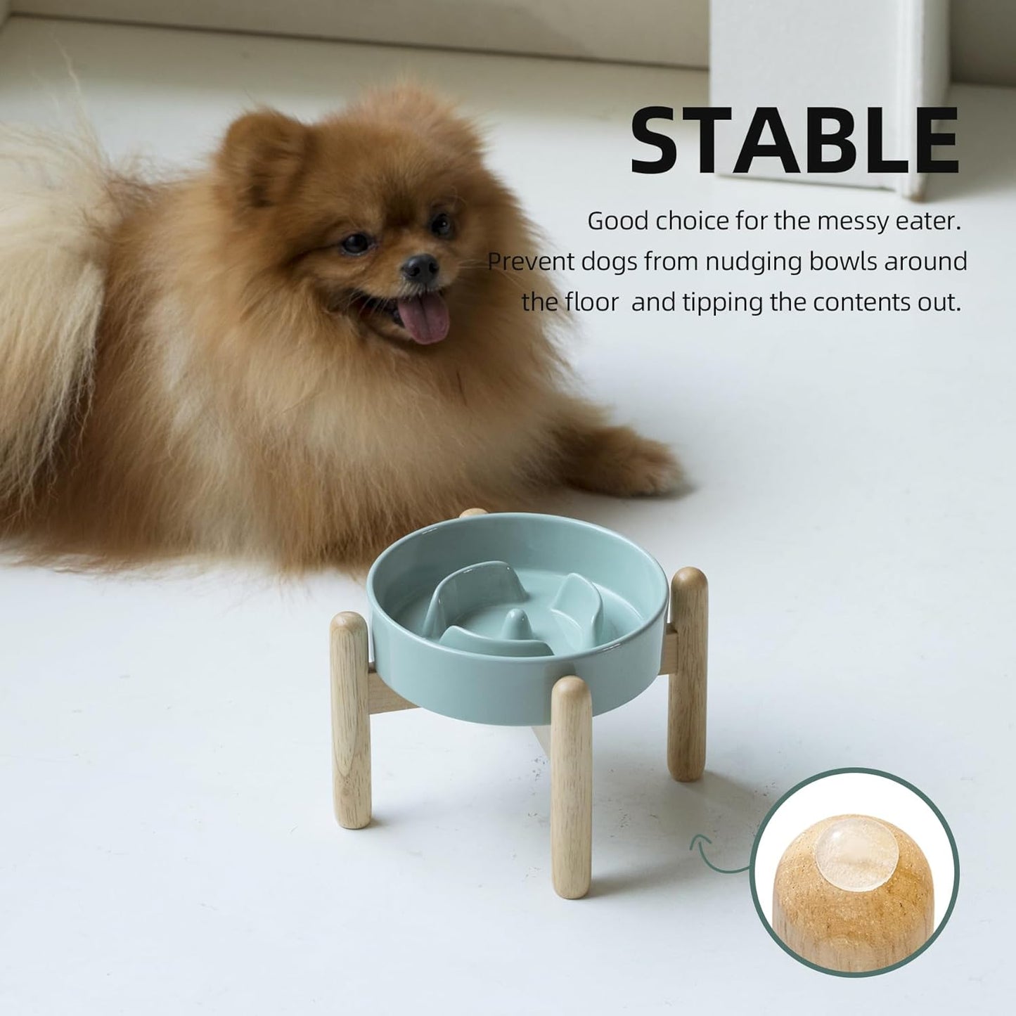 6.1inch Ceramic Raised Slow Feeder Dog Bowl Set, Elevated Wooden Stand for Small Dog and Cat, Puzzle Slow Dish, Preventing Choking(Light Green, Single Bowl+ Stand)