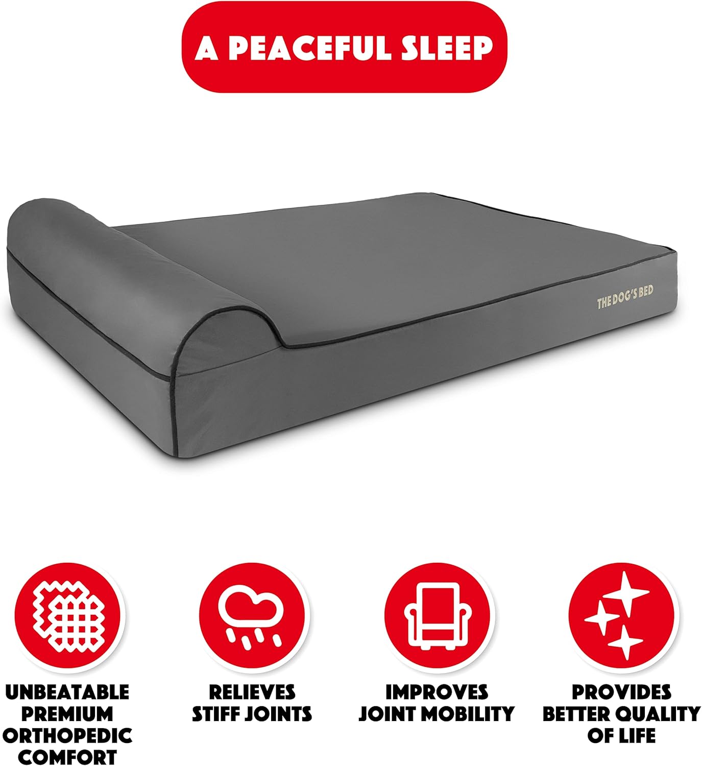 The Dog’s Bed Orthopedic Headrest Dog Bed XXL Grey/Black 54x36, Memory Foam, Pain Relief for Arthritis, Hip & Elbow Dysplasia, Post Surgery, Lameness, Veterinary Approved, Waterproof Washable Cover