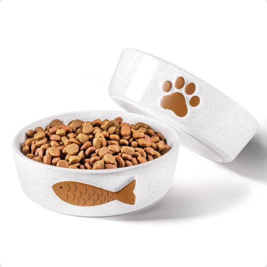 Ceramic Cat Bowls Whisker Friendly - Ceramic Cat Bowl Set of 2 Cute Designs with Anti-Slip Bases - Dishwasher & Microwave Safe Food and Water Bowls for Cats - Dishes for Cats - Kitten Food Bowl Set