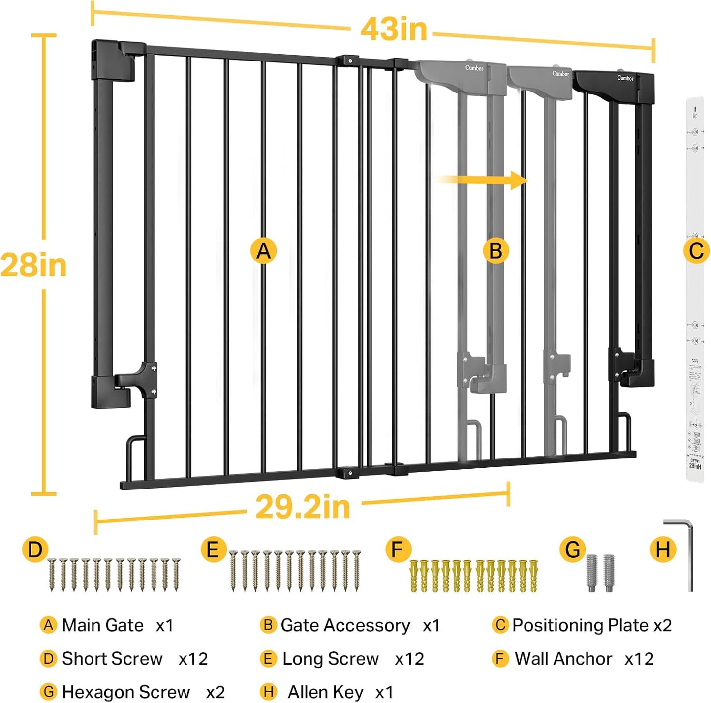 Cumbor 29.2-43" No Bottom Bar Baby Gate for Stairs, 2-in-1 Hardware Mounted Dog Gate Indoor, Wide Pet Gates for Doorway with Large Walk Thru Door, Child-Proof Gate for Top & Bottom of Stairs(Black)