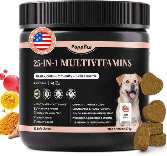 25-in-1 Dog Multivitamin Chews – All-in-One Daily Vitamins & Supplements for Dogs, Joint Support with Glucosamine MSM, Omega-3 Skin & Coat, Gut, Heart & Brain, All Breeds & Ages, Beef, 60Ct
