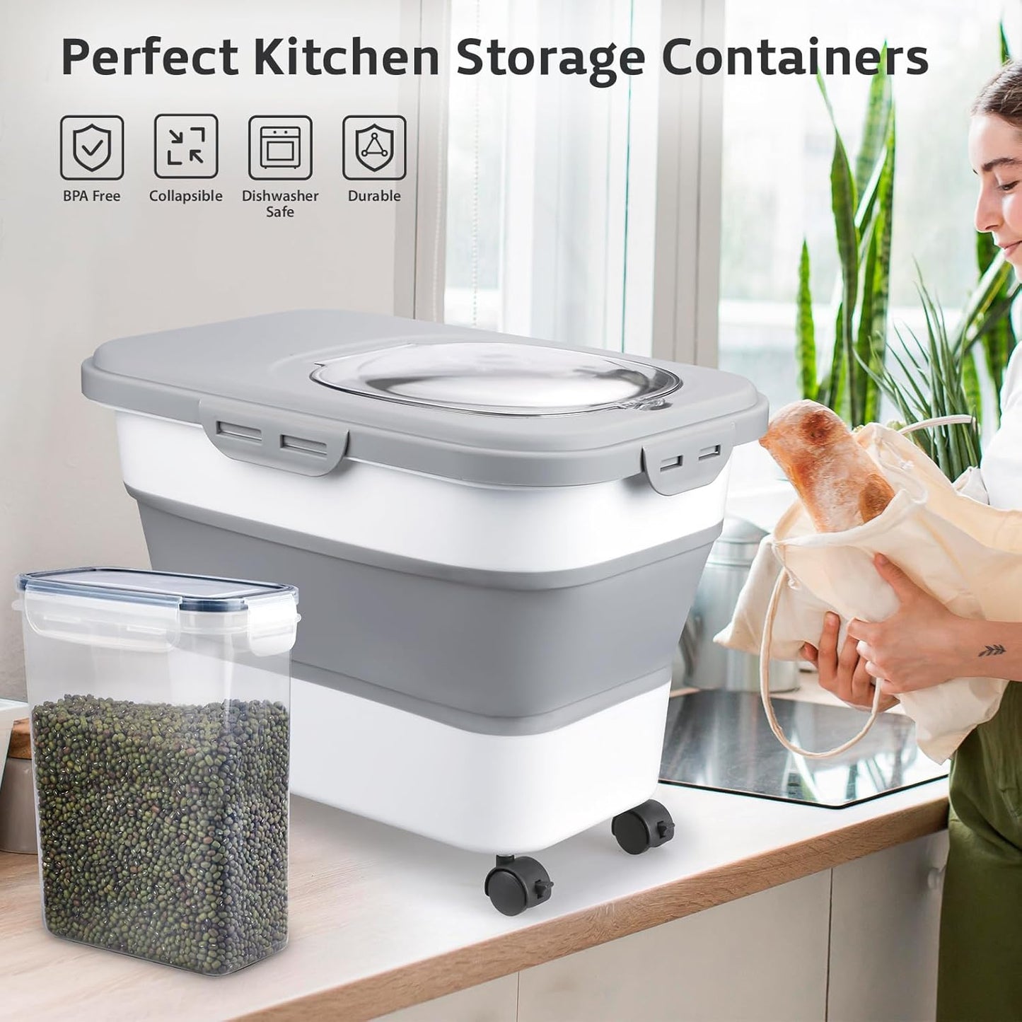 Rice Storage Containers, Collapsible 20 to 30Lbs Food Storage Bin Dispenser with Rolling Wheel and Clear Airtight Lid, BPA Free Flour, Sugar, Cereal and Dog Cat Pet food Containers