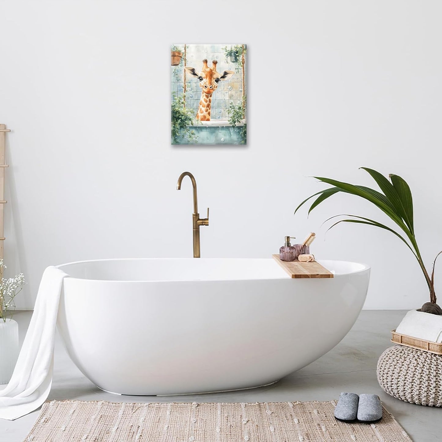 Bathroom Funny Giraffe Pictures Wall Art, Watercolor Giraffe Bathroom Wall Decor, Animal Framed Painting Canvas Artwork for Living Room Decorations 16"L x 12"W