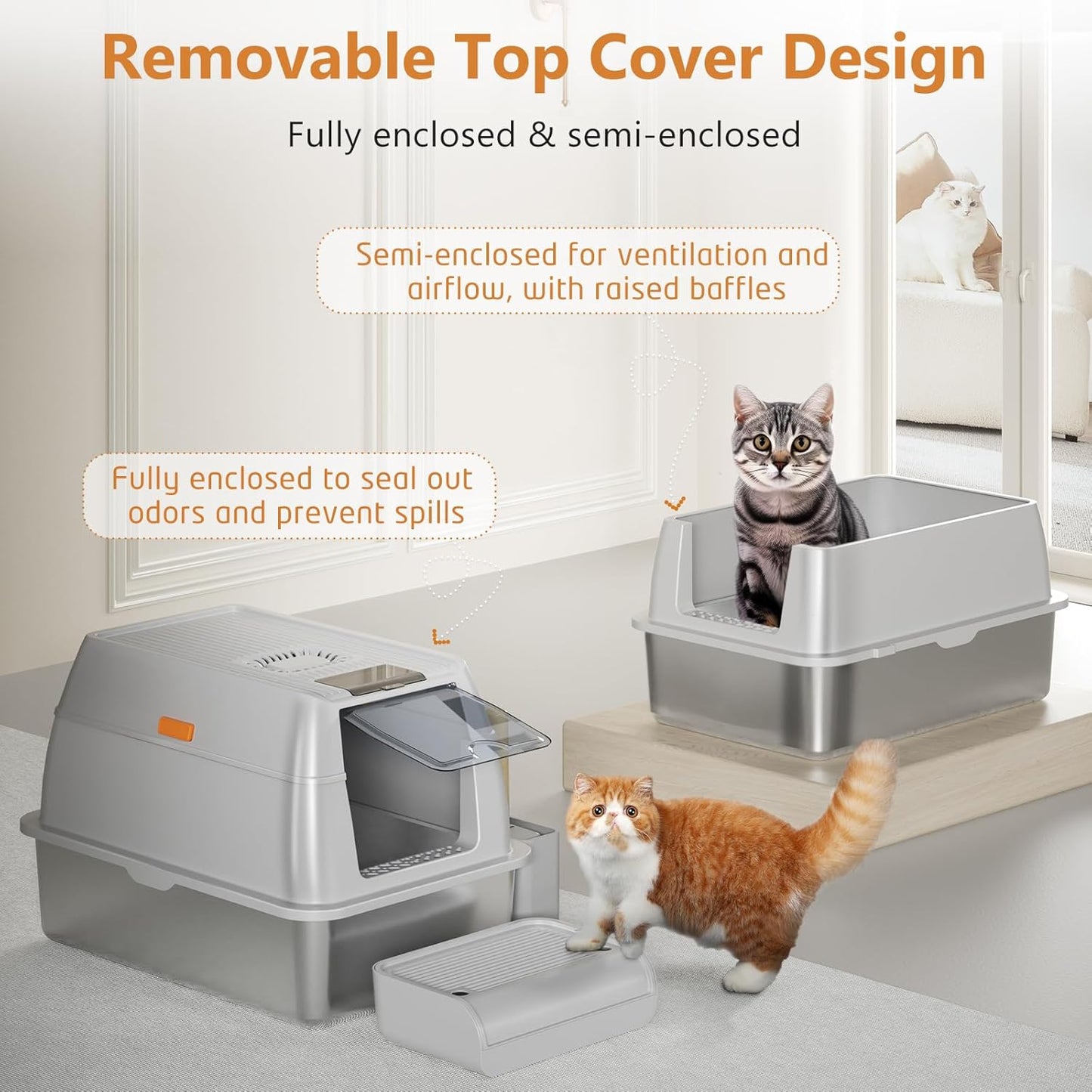 Stainless Steel Cat Litter Box with Lid, XL Extra Large Litter Box for Big Cats, Enclosed Removable Metal Litter Boxs with High Sided Enclosure & Scoop, Anti-Leakage, Non-Sticky, Easy Cleaning(Grey)