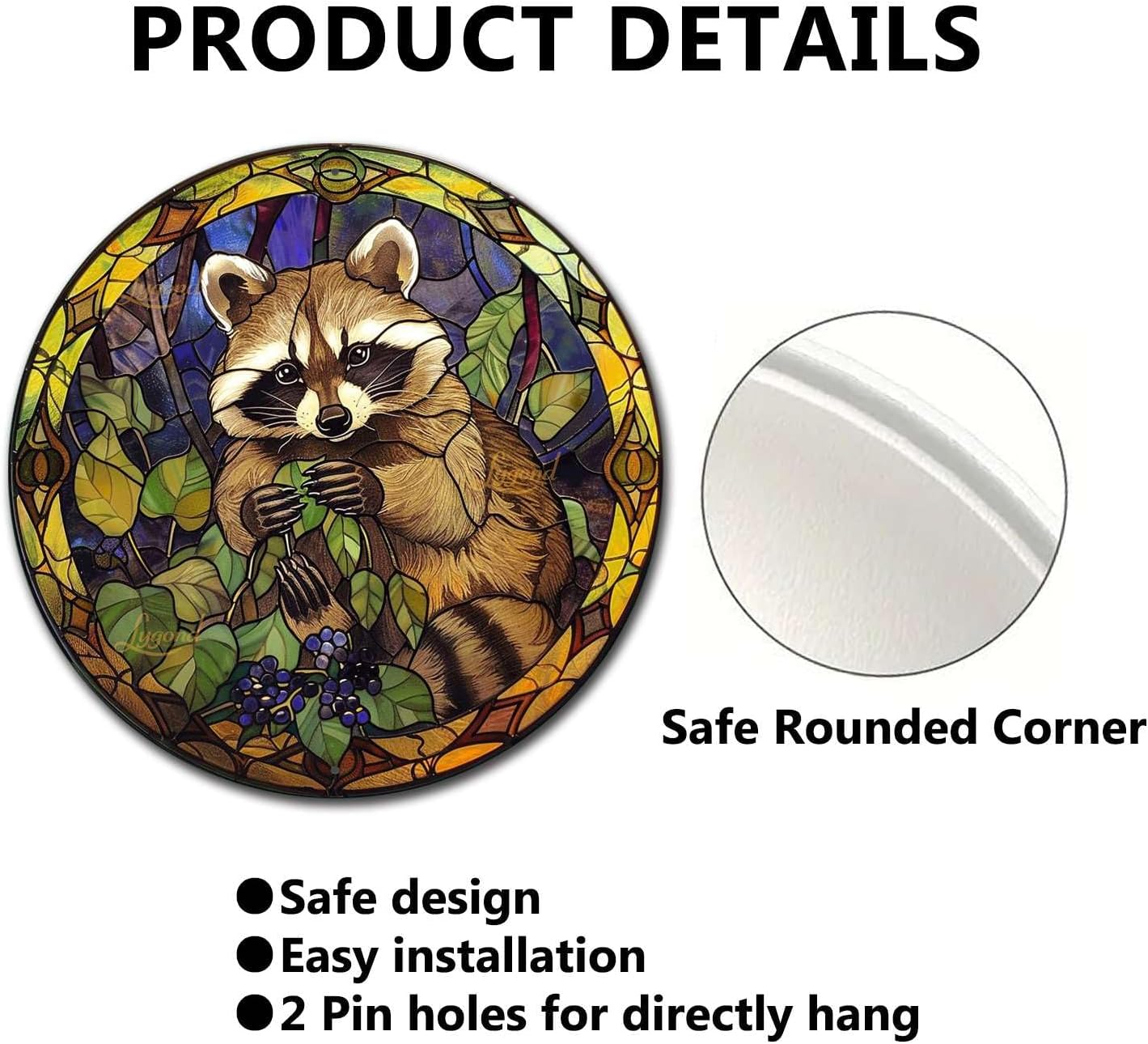Lygond Metal Tin Sign - Circular Stained Glass Raccoon - Pub Sign - 1212 Inches