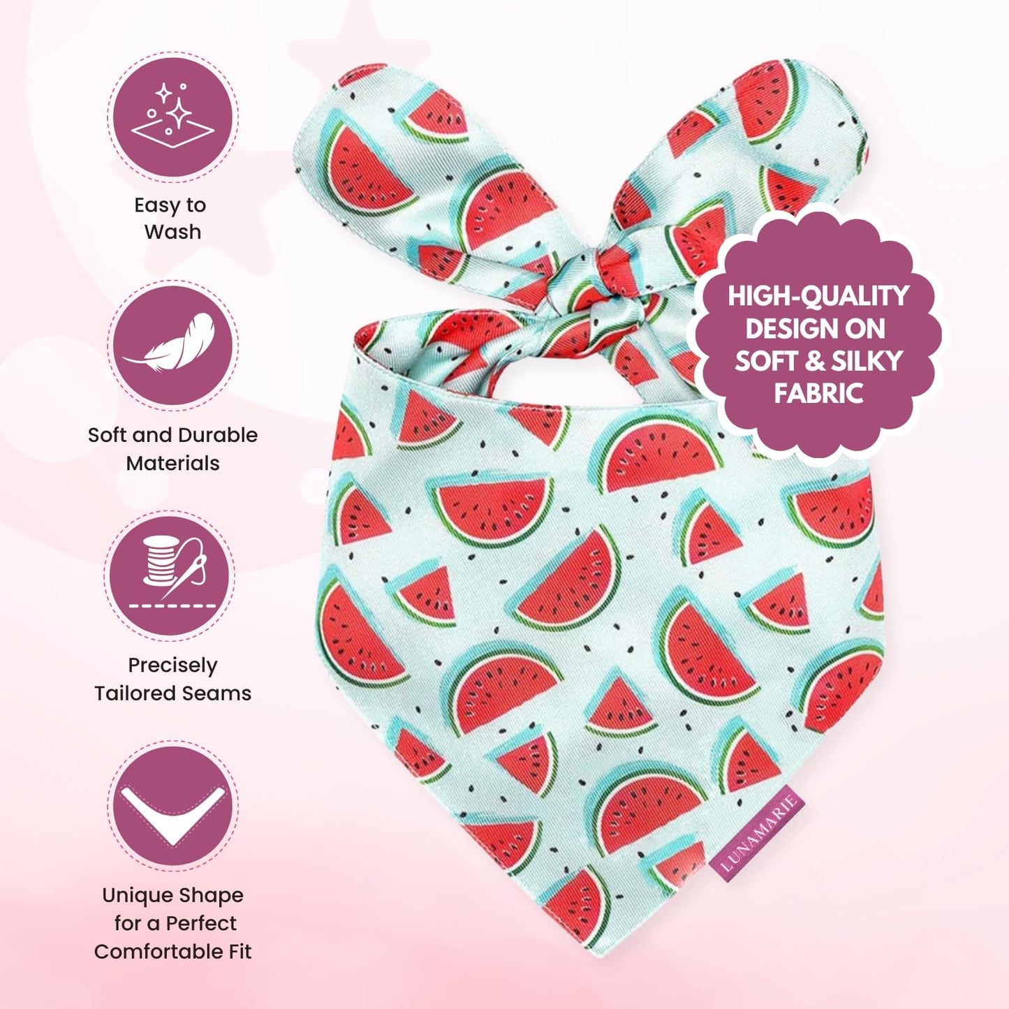 LunaMarie - Luxury Dog Bandanas - Cute Watermelon Design | Premium & Soft Fabric | 100% Handmade Custom Adjustable Shape Dual Layered Small, Medium, Large Cat Scarf (Watermelon, Small)
