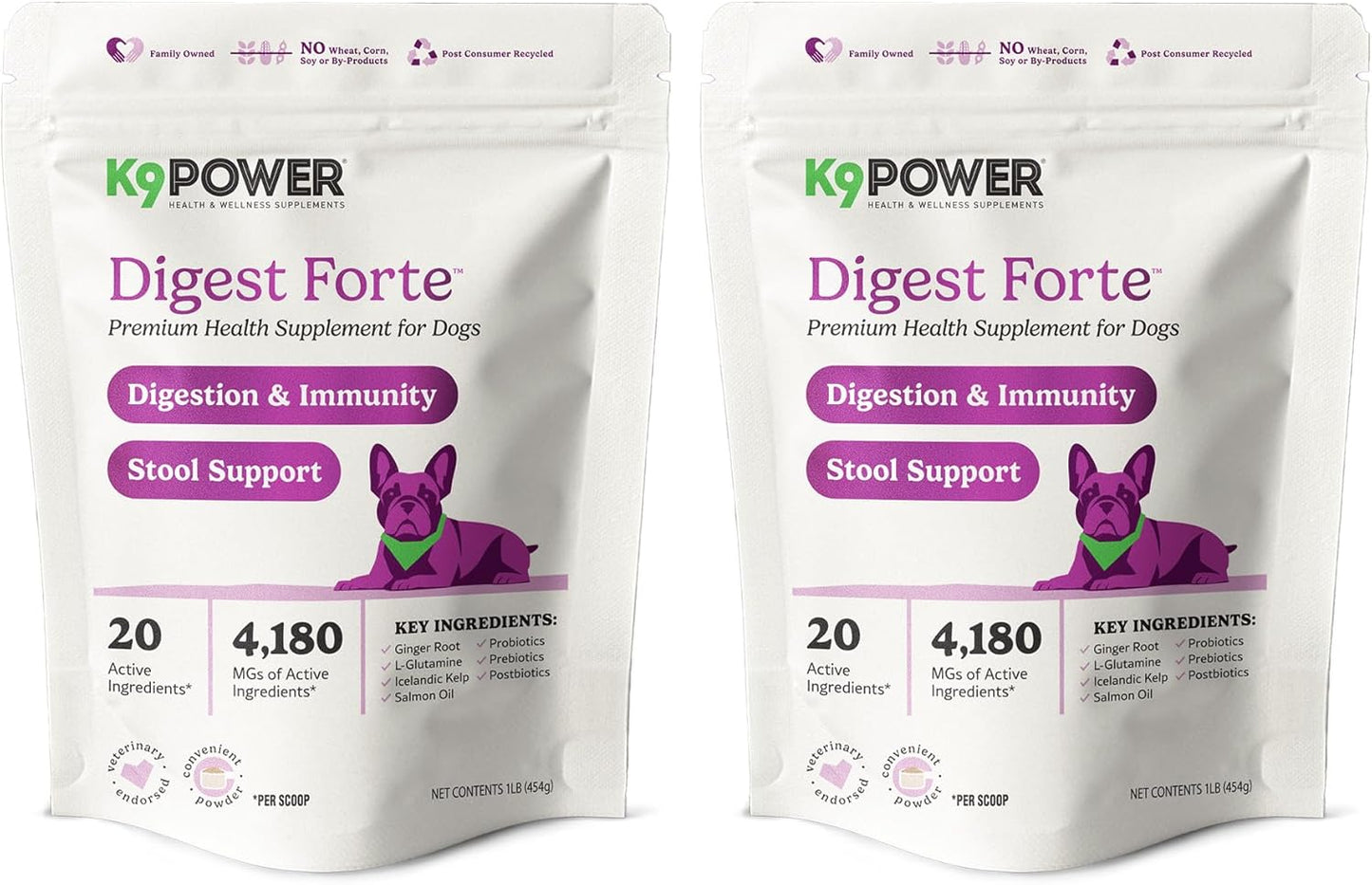 K9 Power Digest Forte for Dogs 1lb – Digestive, Immunity & Calming Support - Enhances Nutrient Absorption - Balances Gut Flora - Eases Discomfort & Boost Mood - Pack of 2