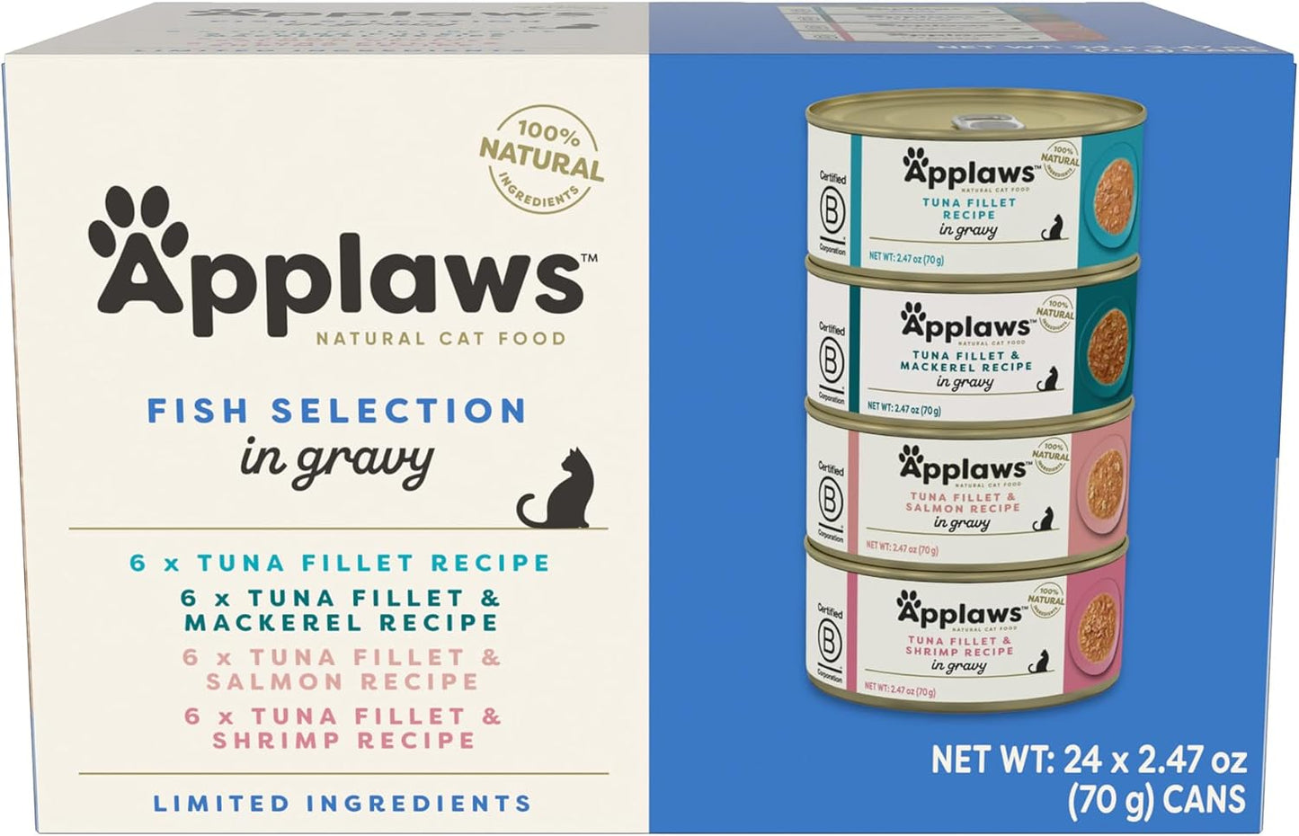 Applaws Natural Wet Cat Food in Gravy, Limited Ingredient Canned Wet Cat Food, No Additives, Made with Natural Ingredients, Fish Selection in Gravy Cans (24 x 2.47oz Cans)