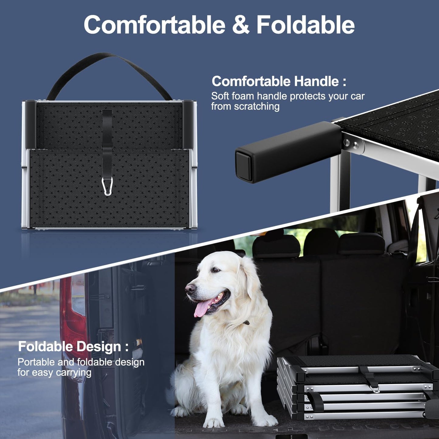 Dog Stairs for Car, Foldable Dog Ramp for Car with Non-Slip Surface, Portable Stairs Aluminum SUV, High Beds, Truck, Supports up to 150 lbs, 4 Steps