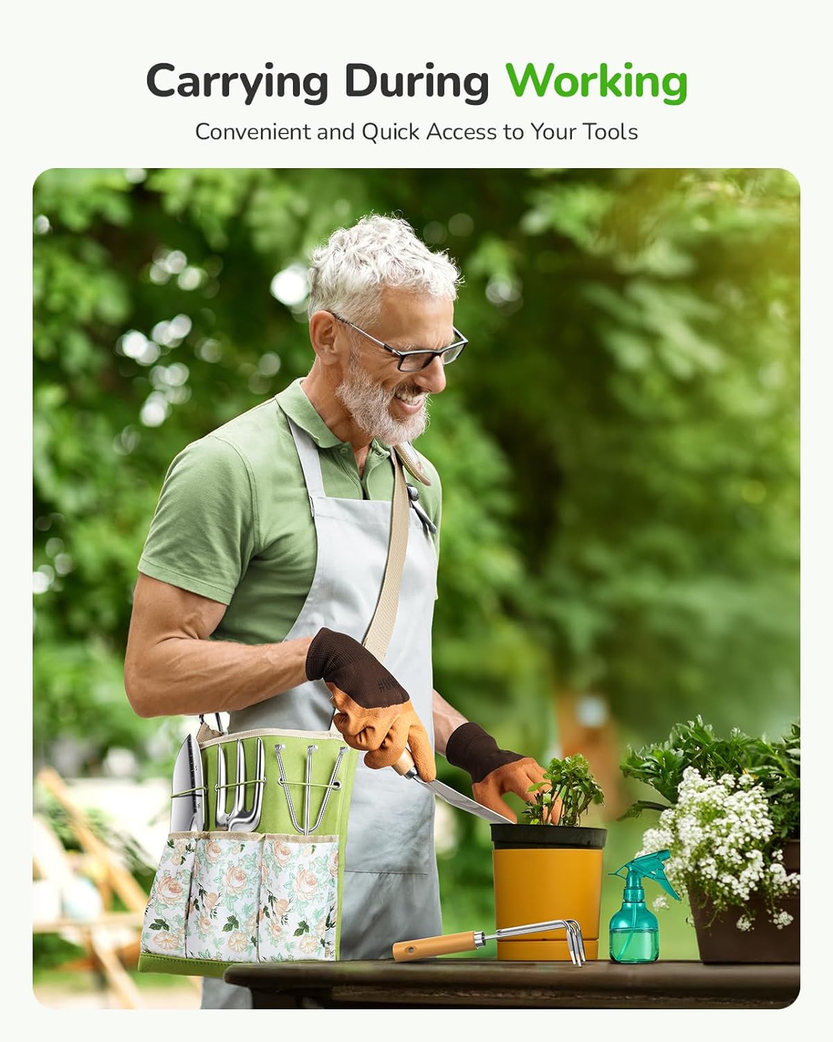 All-in-One Garden Tool Set, 11-Piece Heavy Duty Gardening Tools with Ergonomic Canvas Shoulder Crossbody Bag, Rust-Proof Premium Garden Tool Kit, Gardening Gift for Women Men, Green, GR003