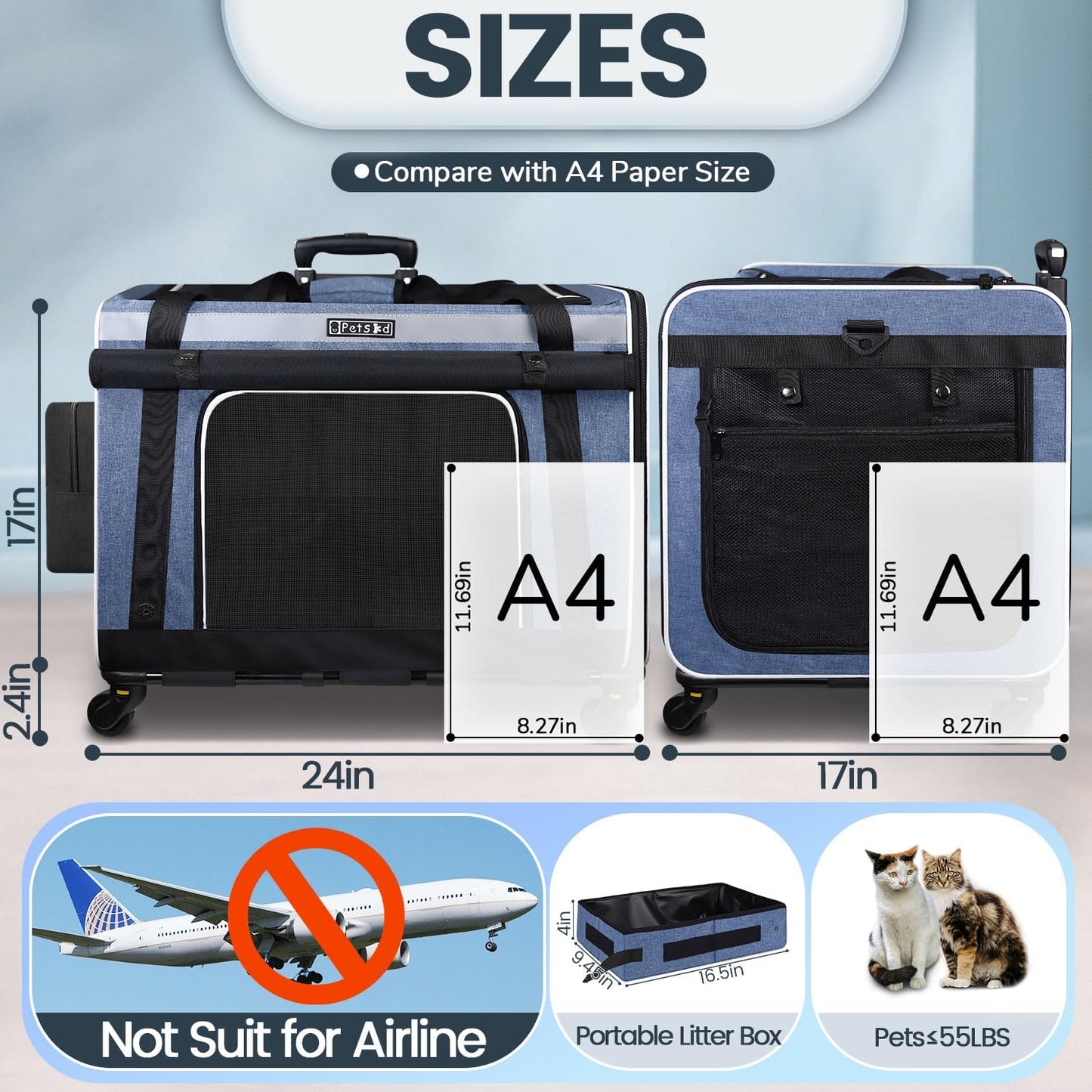 Petskd Extra Large Cat Carrier with Wheels and Litter Box, 24"x17"x17" Rolling Soft Carrier Until 55LBS Pets with 5 Breathable Mesh Windows and Locking Zippers for Long Distance Car Travel(Blue)