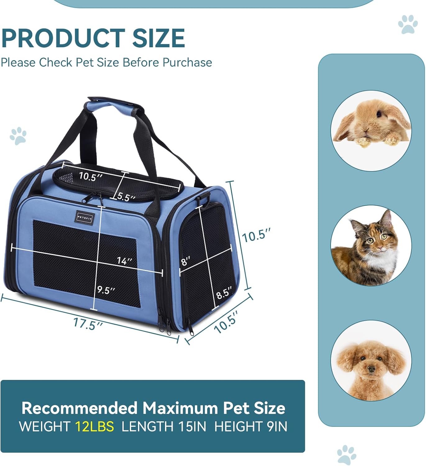 PETSFIT Pet Carrier, Dog Carrier Airline Approved, Collapsible Soft Sided TSA Approved Pet Carrier for Small and Medium Cats, Puppies Up to 12 Lbs, Cat Travel Carrier, Blue