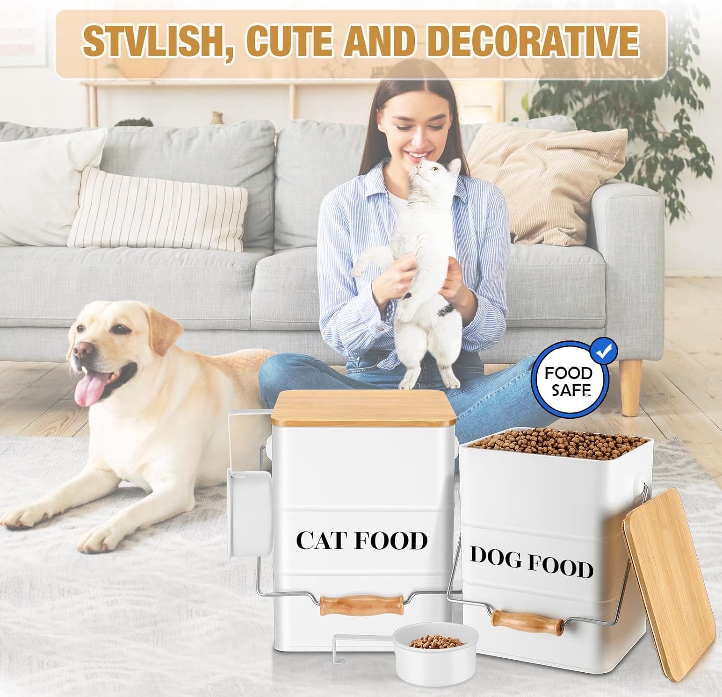 Tioncy 2 Pcs Metal Dog and Cat Food Storage Containers Big Pet Food Containers with Bamboo Lids and Spoon Airtight 5-7 Lbs Dog Cat Treat Snack Jars with DIY Labels for Kitchen Counter(White)