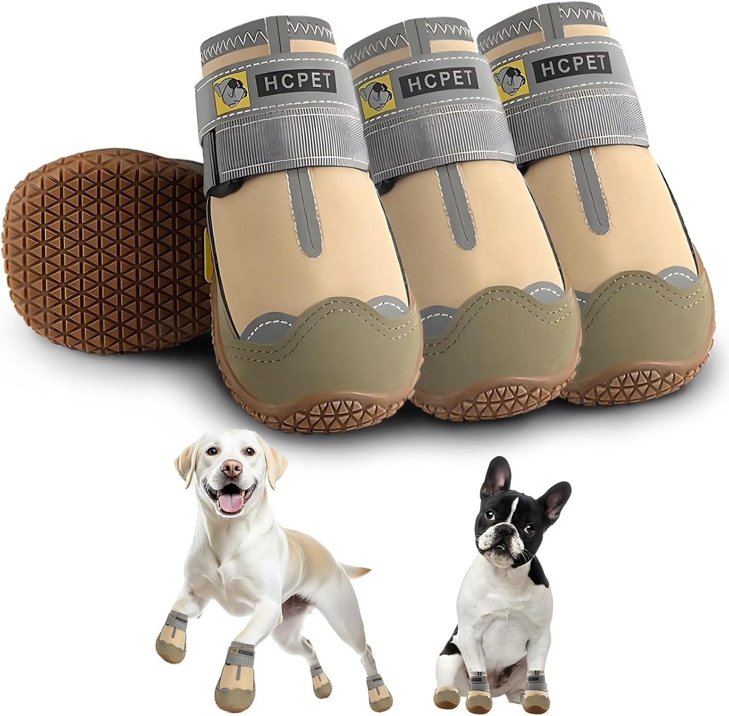 Hcpet Dog Shoes for Large Dogs, Waterproof Dog Booties for Small Medium Dogs, Anti-Slip Dog Boots & Paw Protectors for Hot Pavement Winter Snow Hiking with Reflective Straps Khaki Size 1