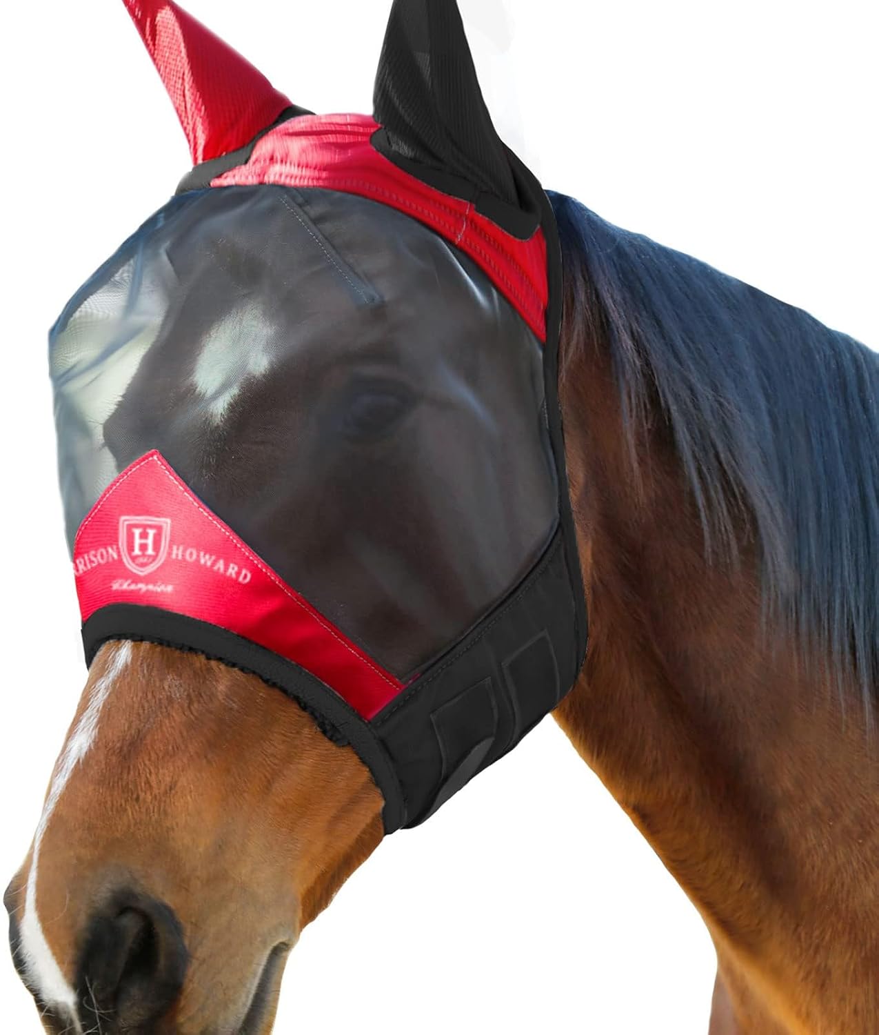Harrison Howard Pro Luminous Horse Fly Mask Standard with Ears UV Protection for Horse Scarlet Red/Black Small Pony