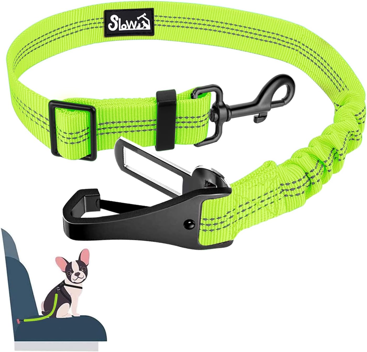 SlowTon Dog Seat Belt, Adjustable Dog Safety Belt Leash, 2 in 1 Latch Bar Attachment Dog Car Seatbelt with Elastic Nylon Bungee Buffer, Reflective Nylon Belt Tether (Lime)