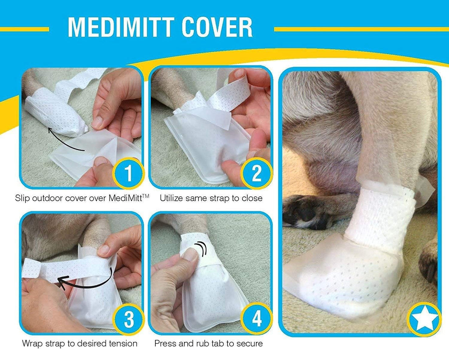 Outdoor Water proof COVER. Slides over MediMitts for dogs paw (which are sold SEPARATELY) Fastens with Medimitt strap. Useful for hot spots, allergies & chronic licking Value pk (X-Large 20pk)