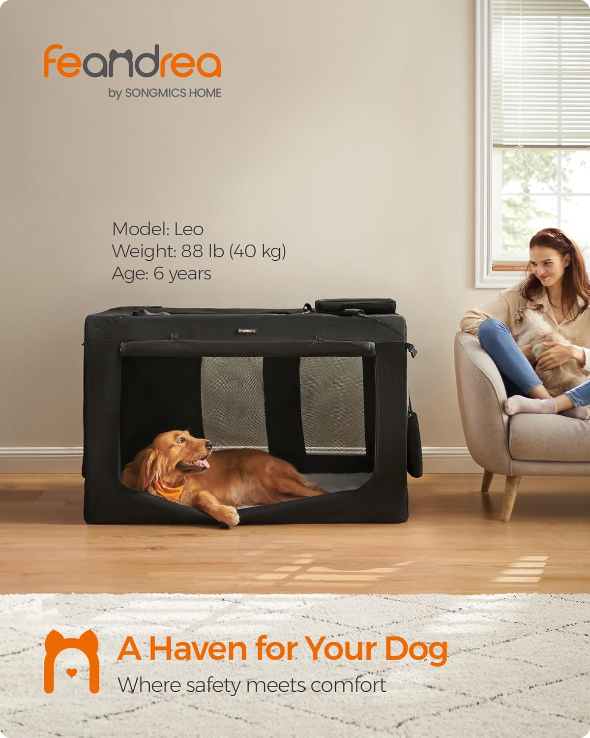 Feandrea 48 Inches Collapsible Soft Dog Crate, Portable Travel Dog Crate for Indoor and Outdoor Use, Dog Carrier Kennel with Safety Zippers, for Living Room, Car, Travelling, Camping, Black UPDC12H