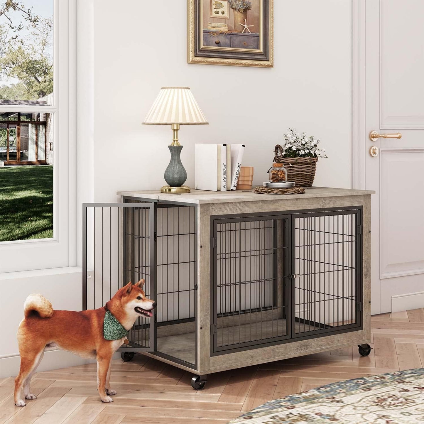IchbinGo Wooden Dog Crate Furniture, 38.5" Dog Kennel with 3 Doors, Flip-up Top Opening and Wheels, Decorative Pet Crate Dog House for Large/Medium/Small Dog Indoor Use (Rustic Grey)