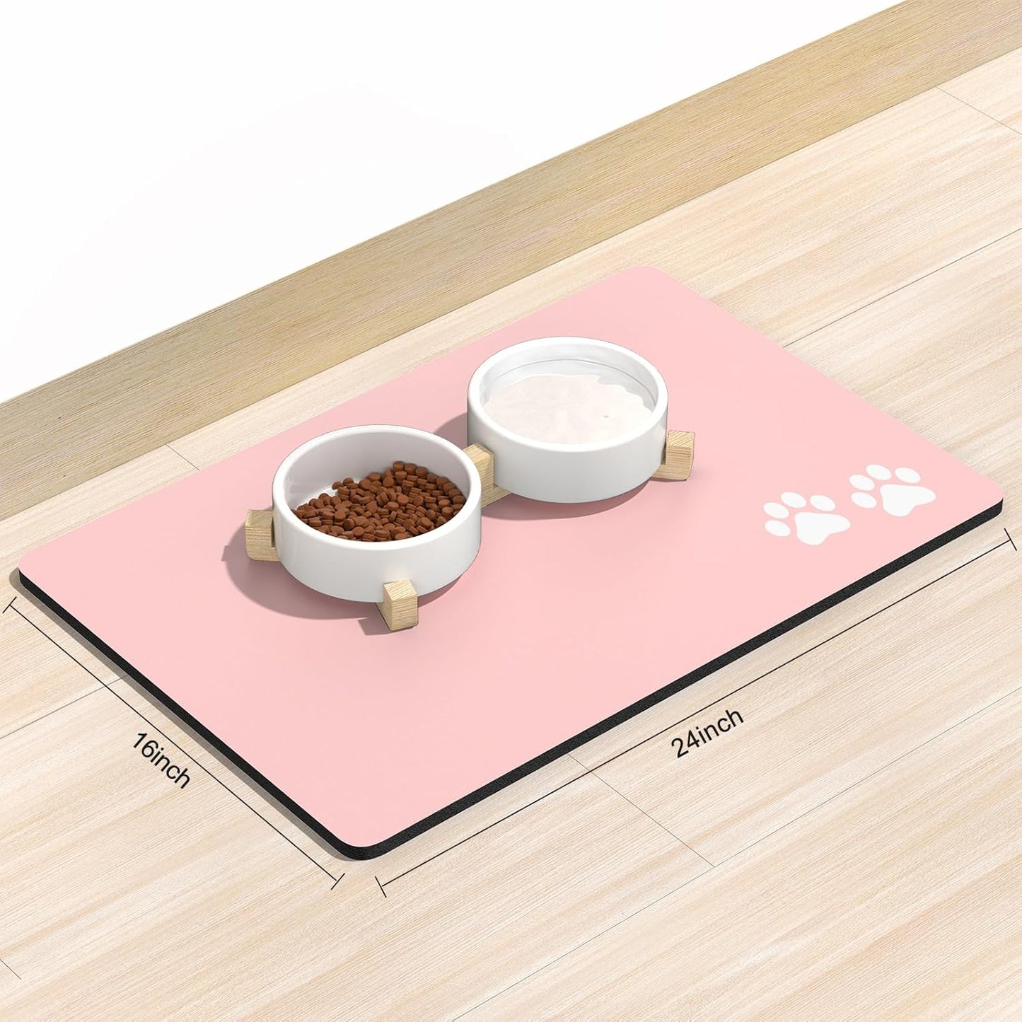 Rnivvi Dog Food Mat, 16" x 24" Footprint Absorbent Dog Cat Bowl Mat for Food and Water, Cute Anti-Slip Rubber Pet Feeding Rug Protect Floors, Puppy Placemat for Feeding & Watering Supplies, Pink