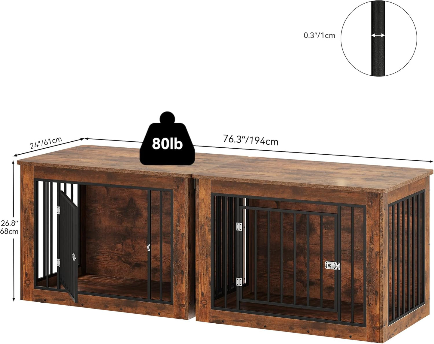 YITAHOME 76 Inch Double Dog Crate Furniture, XXL Dog Crate Furniture for 2 Dogs, Side End Table, Waterproof, Safety Corners, 2-in-1 Iron-Wood Fusion Dog Kennel Furniture for 2 Large Dogs,Rustic Brown