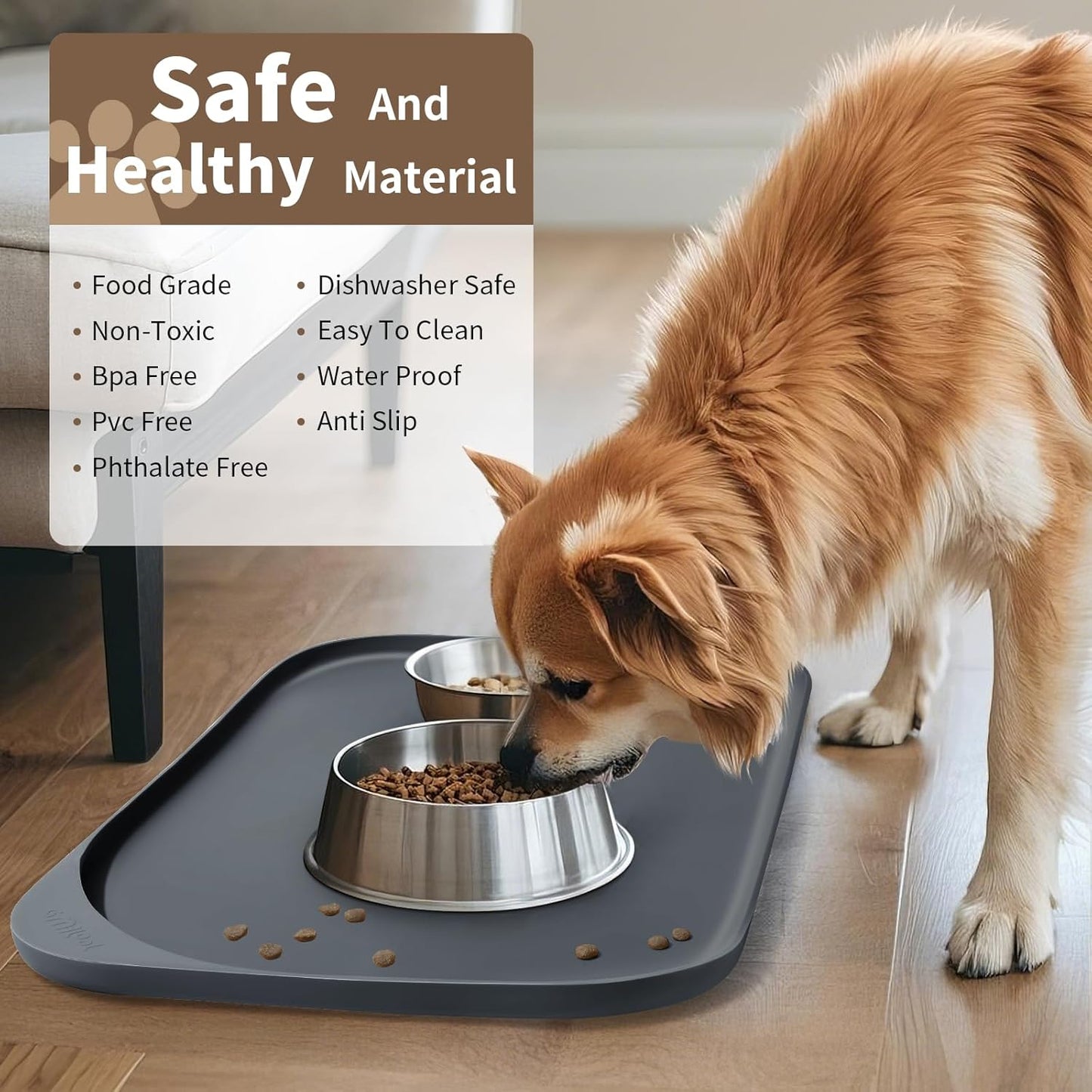 Silicone Pet Feeding Mat with Raised Edge & Residue Collection Pocket for Food and Water, Dog Bowl Mats, Cat Bowls Placemat with High Lip for Floor Waterproof, 22 x 14 x 0.8 Grey
