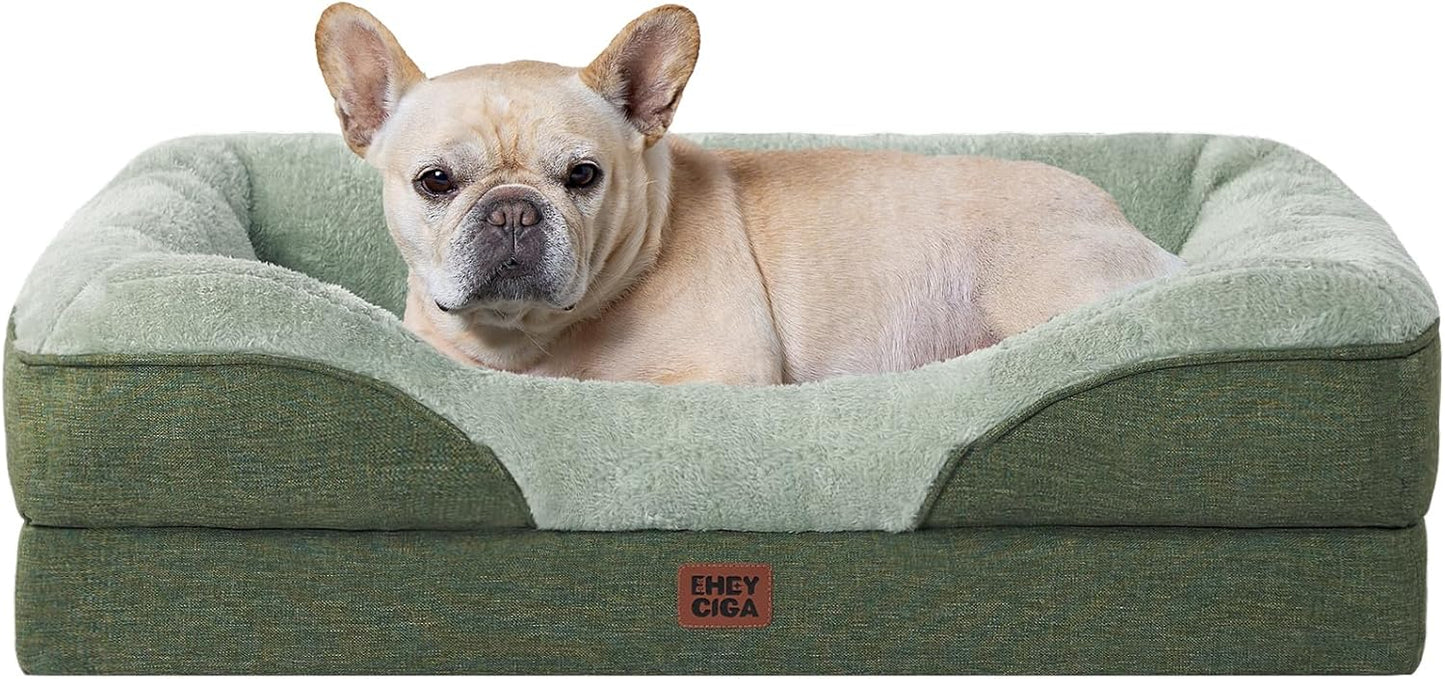 EHEYCIGA Memory Foam Dog Bed for Medium Size, Orthopedic Dog Sofa with Sides and Waterproof Liner, Washable Bolster Pet Couch with Removable Cover, 30x20x6.5 Inch, Green