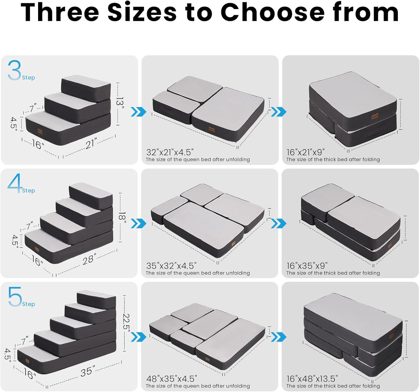 5-Step Adjustable Dog Stairs for High Beds, Dog Steps for Small Dogs and Cats, Foldable Pet Stairs for Bed Climbing, Non-Slip Pet Step Indoor, Grey