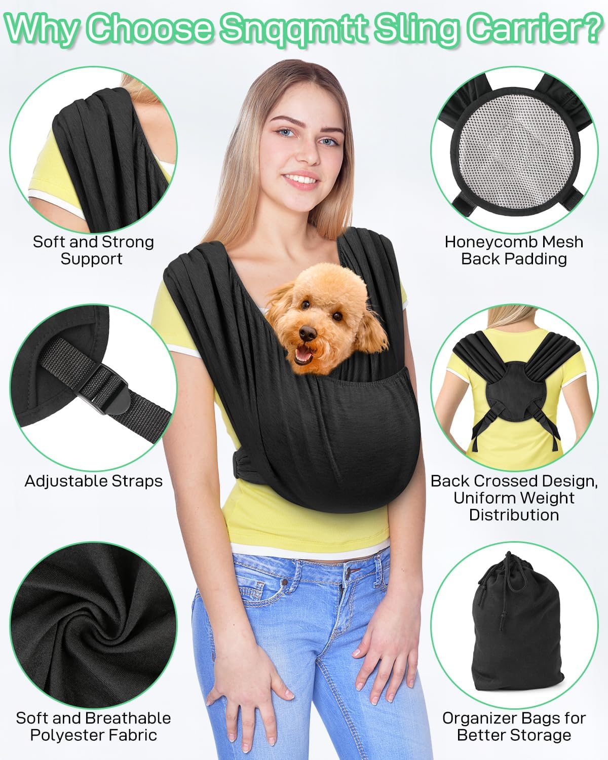 Dog Sling Swaddle Carrier Small Dog Cat Front Facing Carrier for Chest, Hands Free Puppy Carrying Sling Hold for Small Pet up to 13lbs, Adjustable Size, Reducing Back Stress (Black)