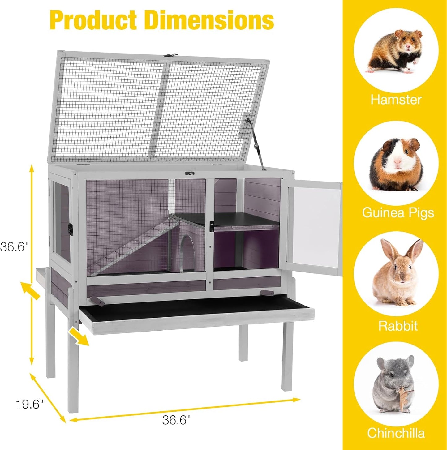 AIVITUVIN Wooden Guinea Pig Cage Indoor with Cooling Plate and Anti-Chewing Edges Two-Story Rabbit Hutch Pull Out Tray Outdoor Rabbit Cage with Raised Stand and Wire Mesh Small Animals Cage (Grey)